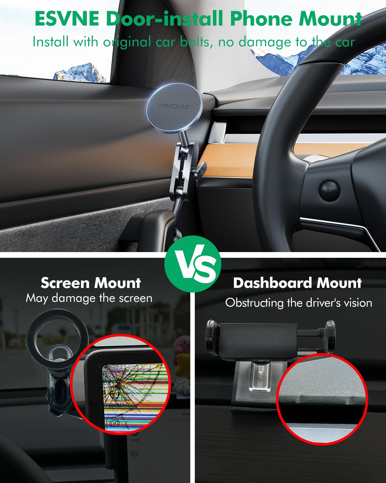 Esvne Mag-Safe Phone Mount For Tesla Model 3   – Exclusive Door-Install Magnetic Car Mount For Iphone 16/15/14/13/12, Accessories For Tesla Model 3 Highland