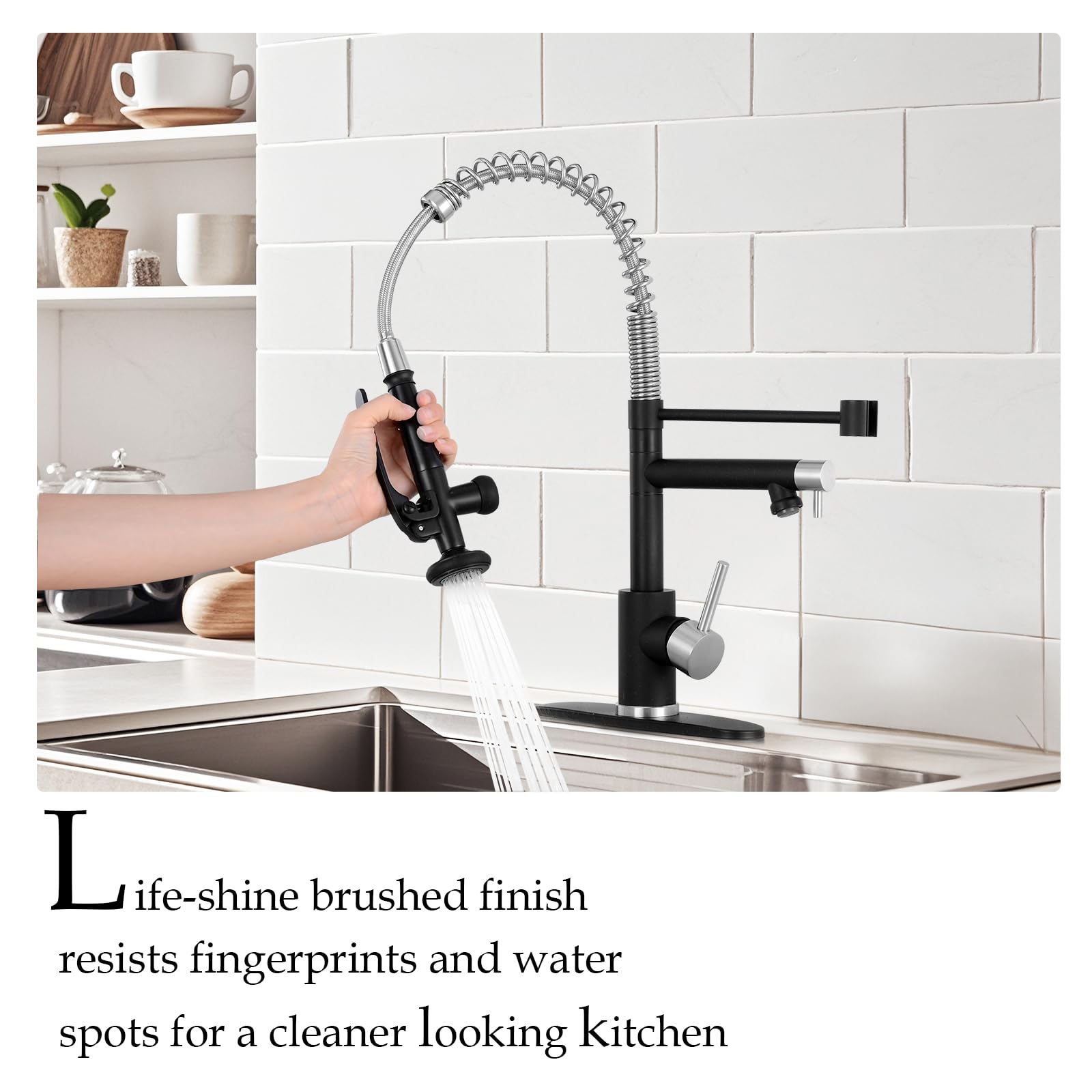 Mutvka Mut Dual Spout Kitchen Faucet With Pull Down Sprayer, Single Handle High Arch Kitchen Sink Faucet Commercial Double Headed Stainless Steel Kitchen Faucets With Deck Plate Matte Black & Brushed Nickel