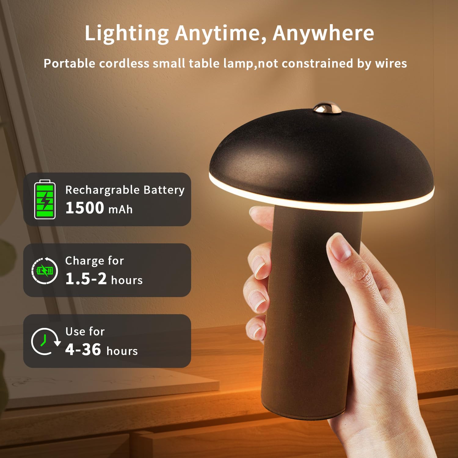 Anshenya Mushroom Lamp Cordless Table Lamp Touch Light Led Rechargeable Dimmable Battery Operated Lights Desk Control Bedside Lamps Offices Restaurant Home Portable Outdoor For Patio Dining Wireless (Black)