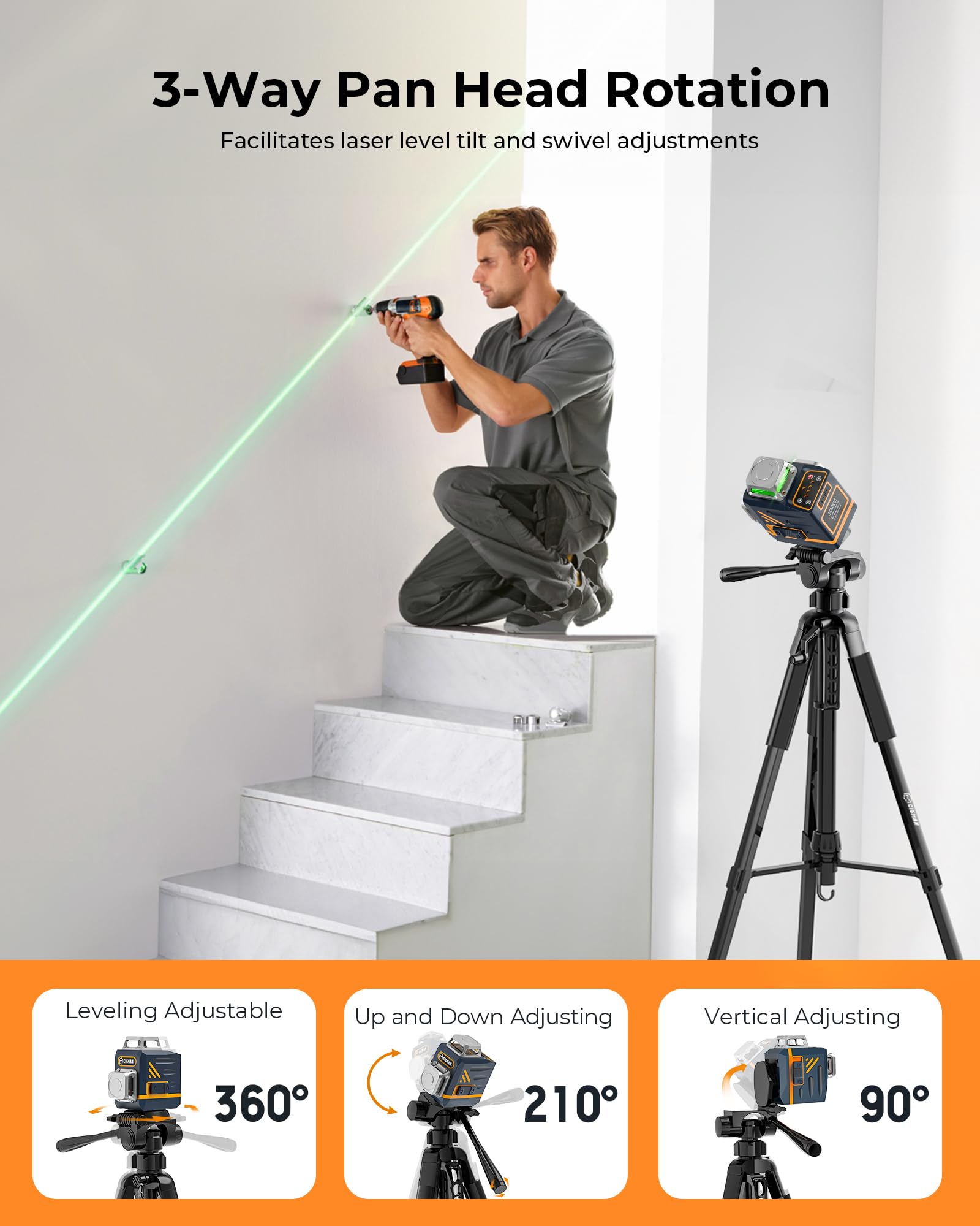 Cigman 59-Inch Lightweight Adjustable Laser Level Tripod With 3-Way Swivel Pan Head, Bubble Level, Phone Holder, Quick Release Plate With 1/4" Screw Mount & 5/8" Unf Adapter Nut, Camera & Phone Tripod