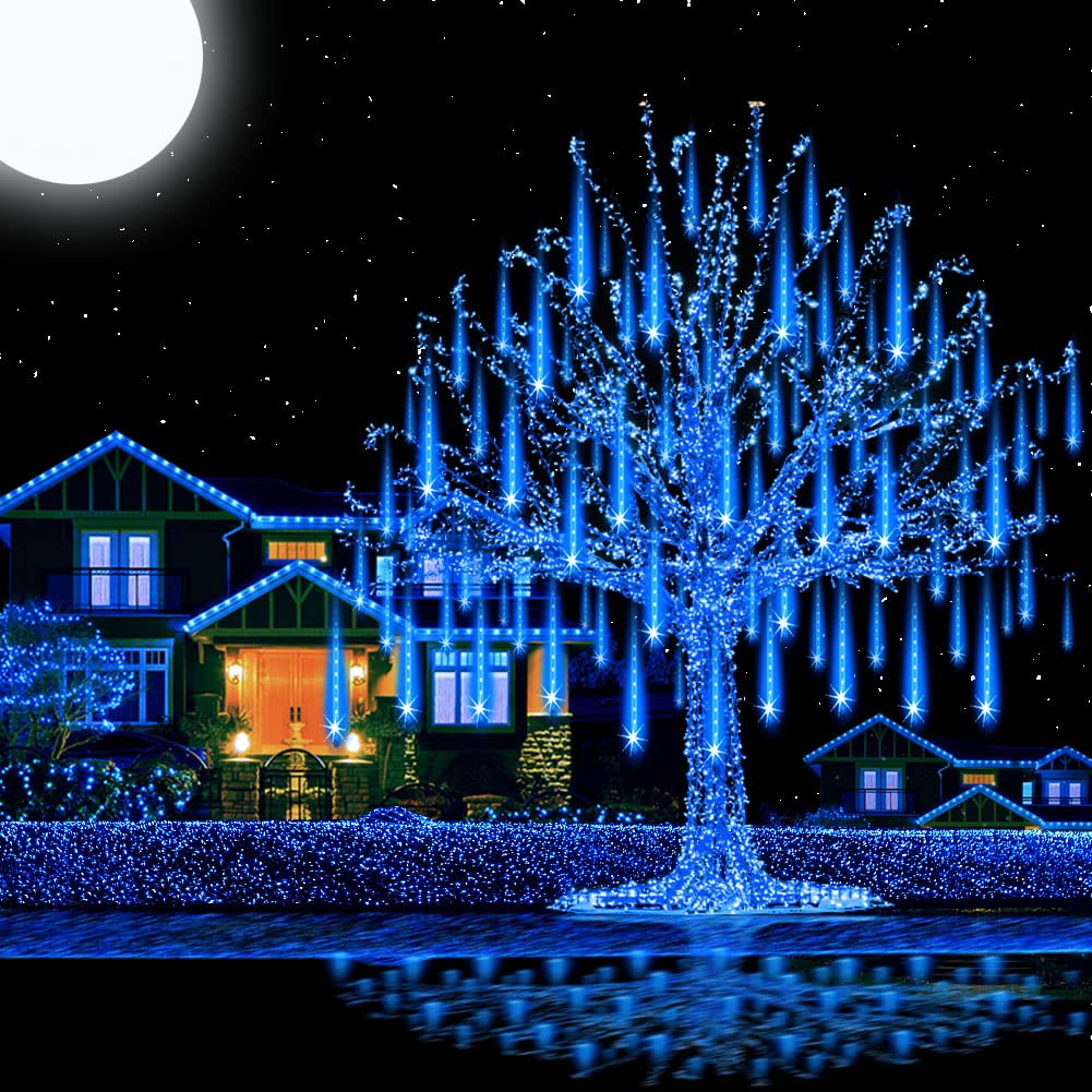 Aukora Christmas Lights Outdoor，Led Meteor Shower Lights 11.8 Inch 8 Tubes 192Leds Rain Drop Light, Icicle Snow Falling Light For Christmas Tree Halloween Party Holiday Thanksgiving Decoration(Blue)