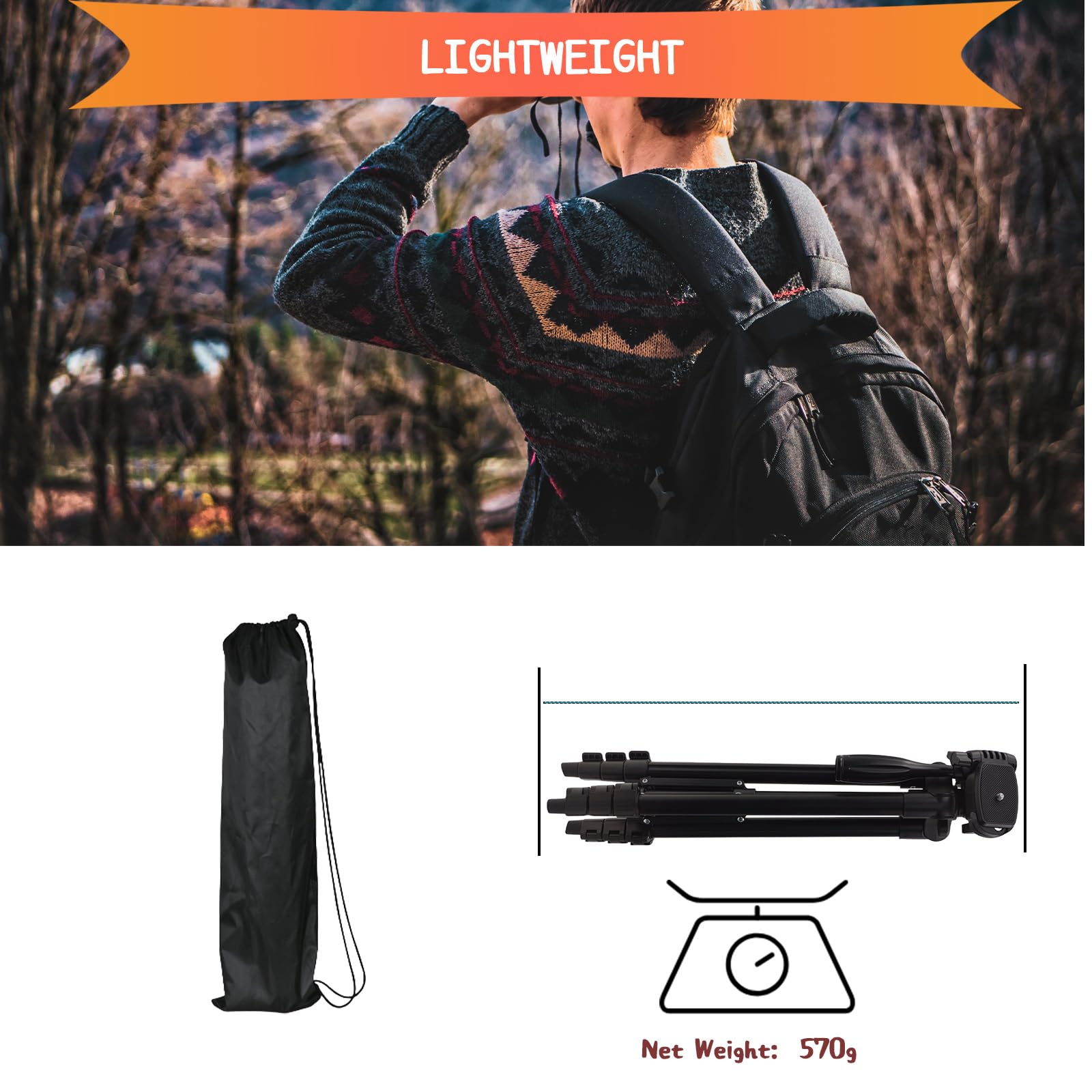 Kakotopa Camera Tripod, Cellphone Tripod, Lightweight Tripod For Smartphone With 3-Way Head, Portable Travel Tripod, Compatible With Phone/Camera/Projector/Dslr/Slr/Fill Light (Black)
