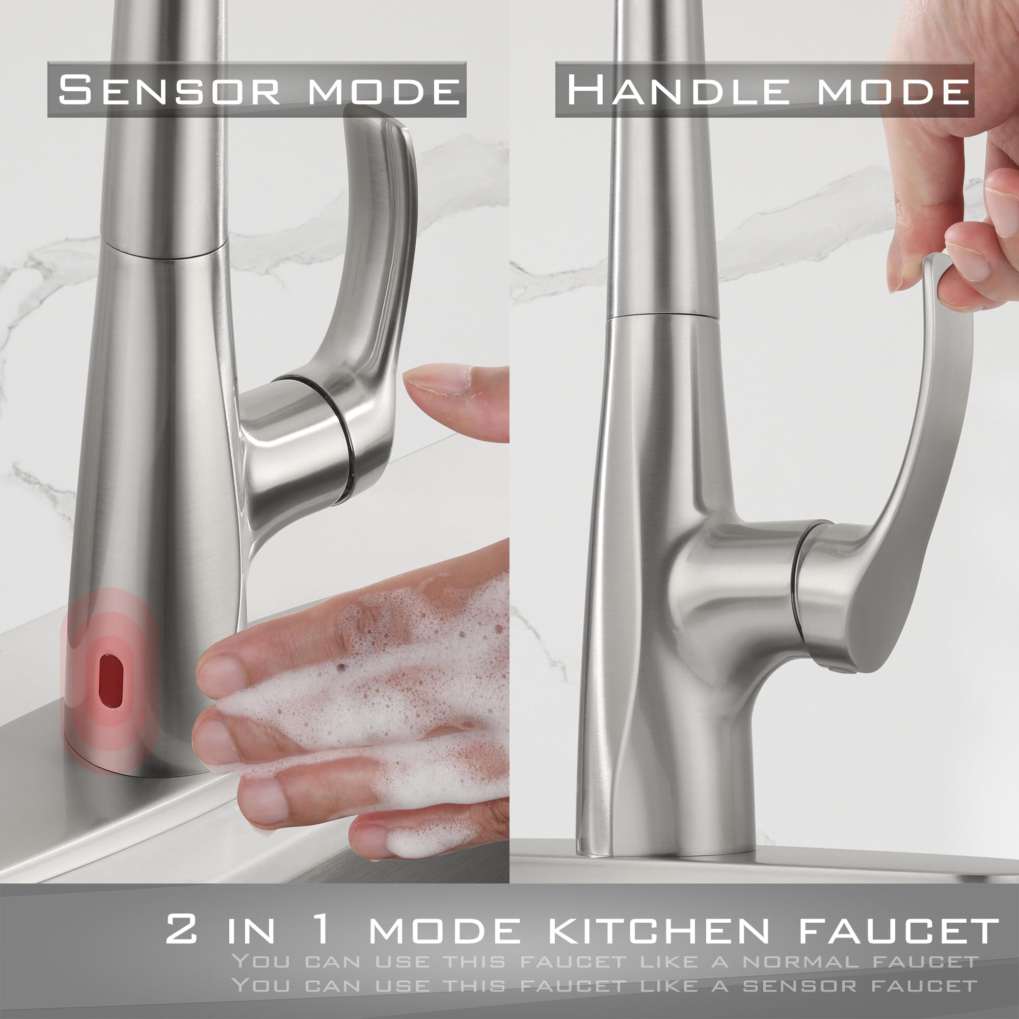 Jxmmp Touchless Pull Down Kitchen Sink Faucet, Brushed Nickel Activated Smart Motion Sensor Kitchen Faucet Single Handle, Stainless Steel Hands  Faucet With Sprayer For Kitchen Sink
