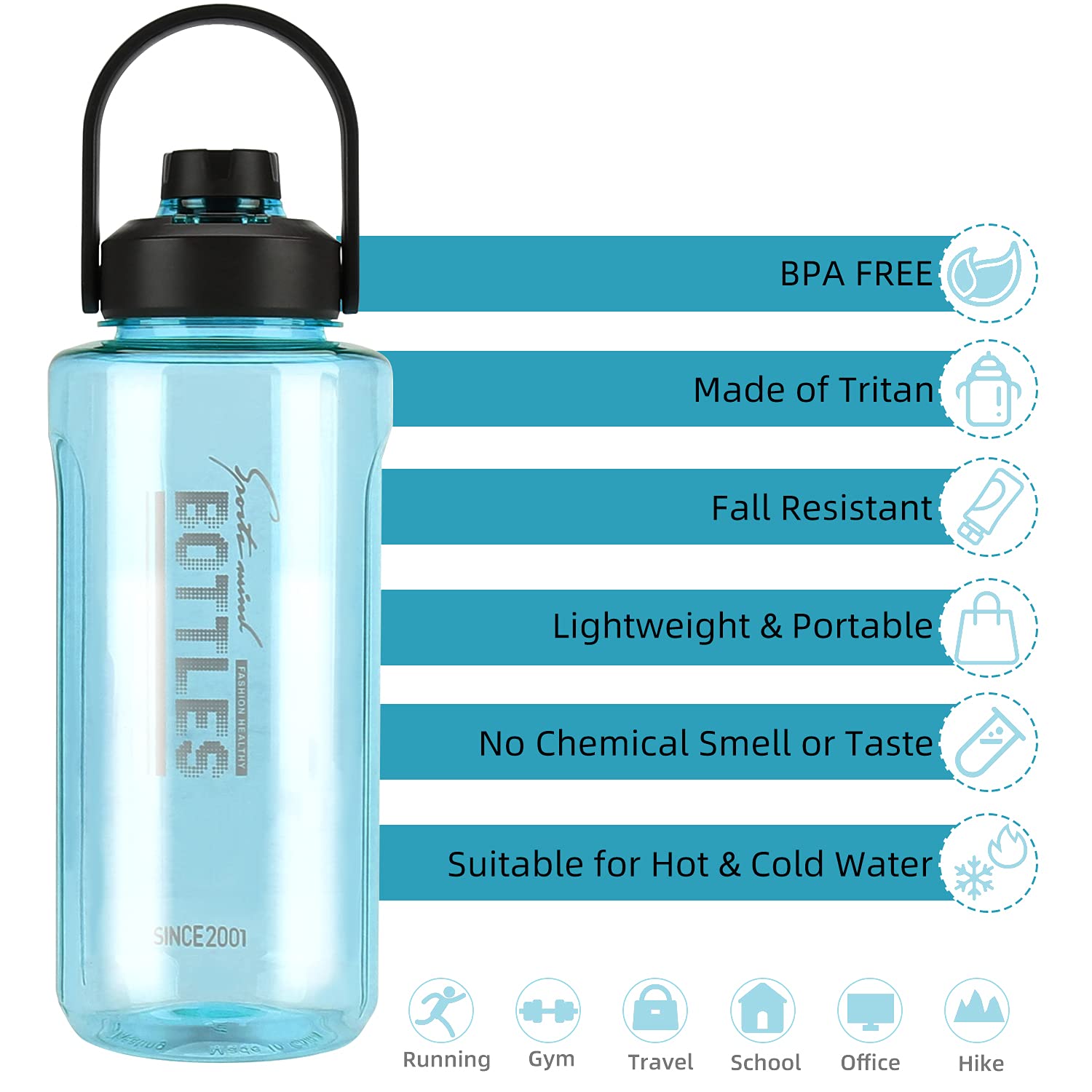Half Gallon/64Oz Water Bottle With Handle, 2L Leak Proof Fitness Sports Water Jug