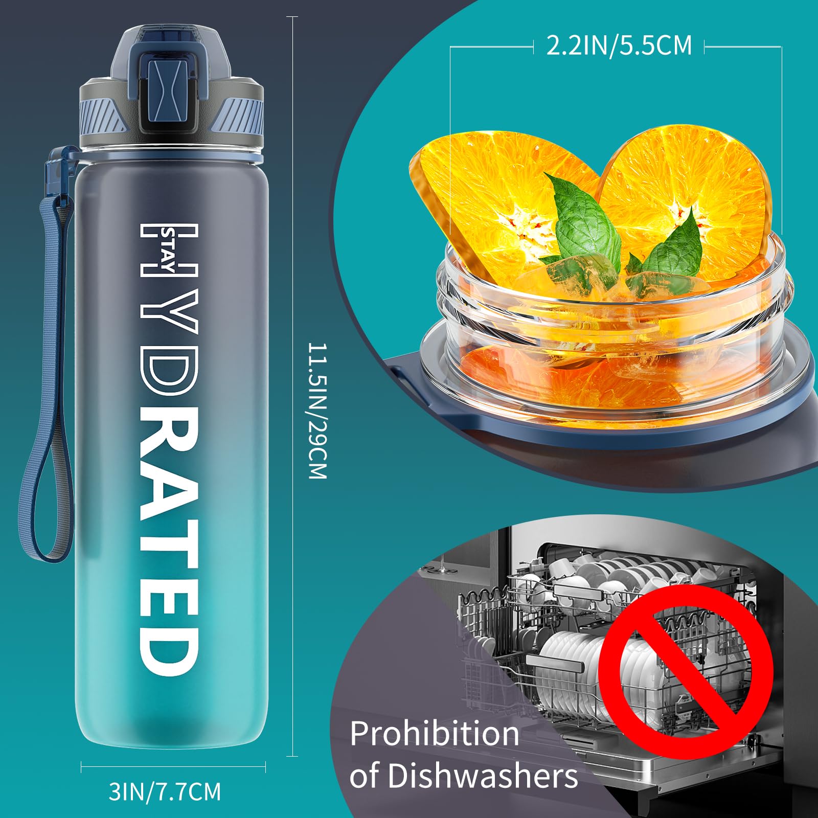 Water Bottle With Straw, 32Oz Motivational Water Bottles With Time Marker To Drink, Tritan