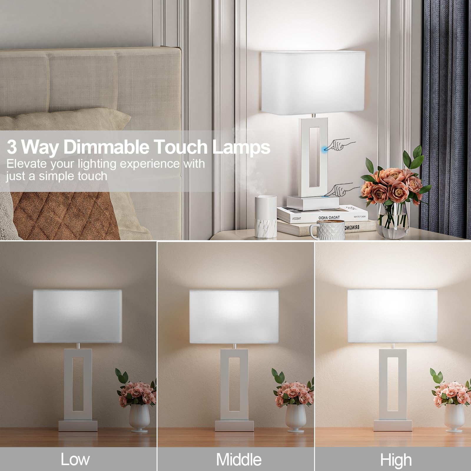 Seealle Bedroom Table Lamps Set Of 2 - White Silver Touch Bedside Lamps With Usb C+A, 3 Way Dimmable Gold Lamp For Nightstand, Modern Night Stands Lamps For Living Room End Tables