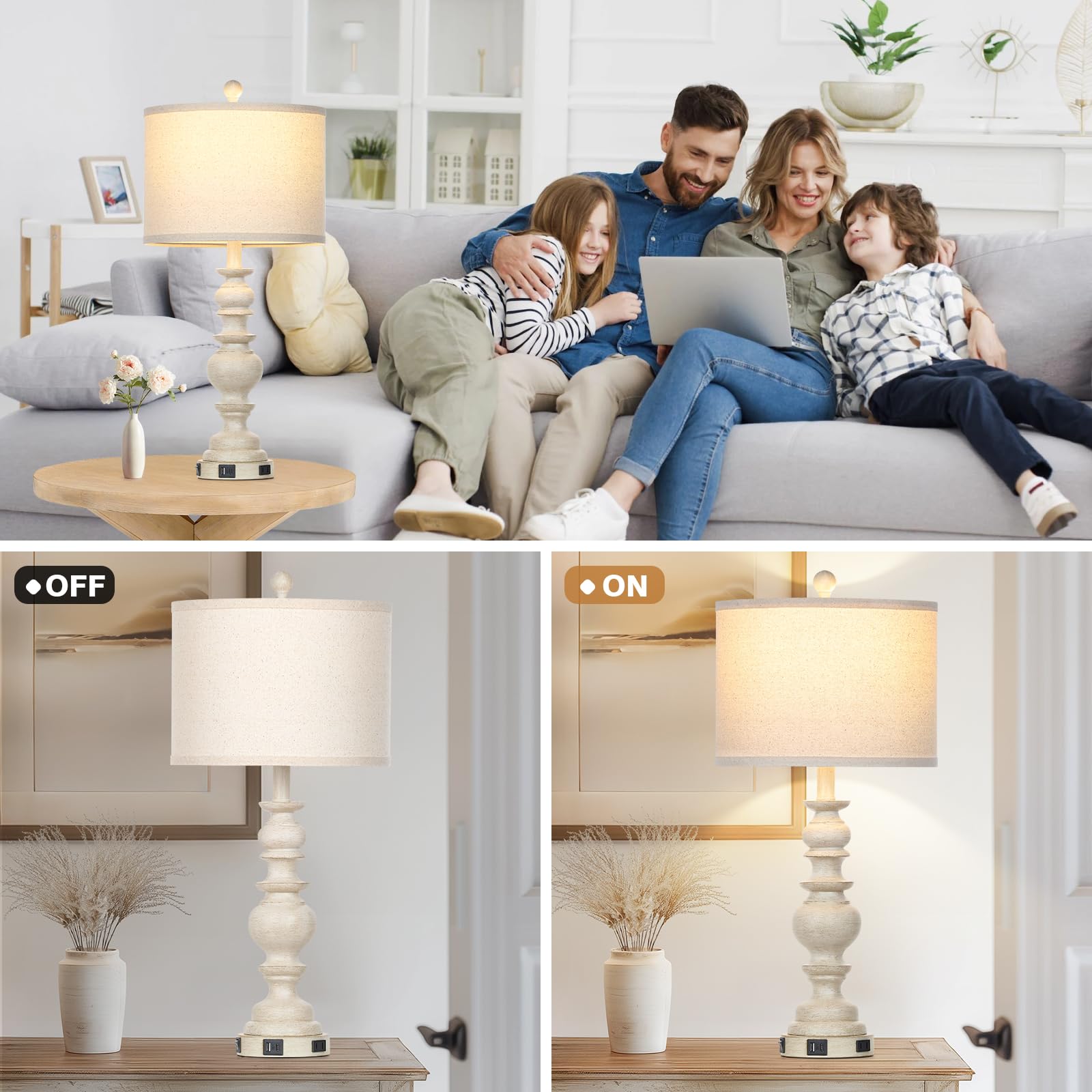 Ruzectt 27.5" Farmhouse Table Lamps Set Of 2, Rustic Living Room Lamps With Usb C+A Ports & Ac Outlet, Vintage Bedside Lamps With Linen Shade, Tradition Bedroom Lamps For Nightstand Side End Table Desk, Beige