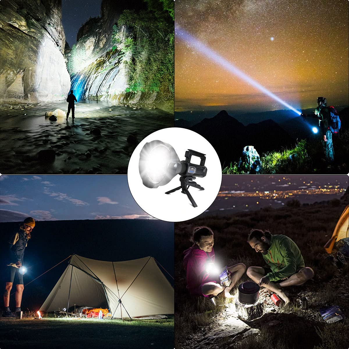 Foleto Rechargeable Led Spotlight Flashlights 120000 High Lumens, Super Bright Flashlight With 4 Modes Ipx5 Waterproof, Large Searchlight For Fishing, Hiking And Camping With Tripod(Large)