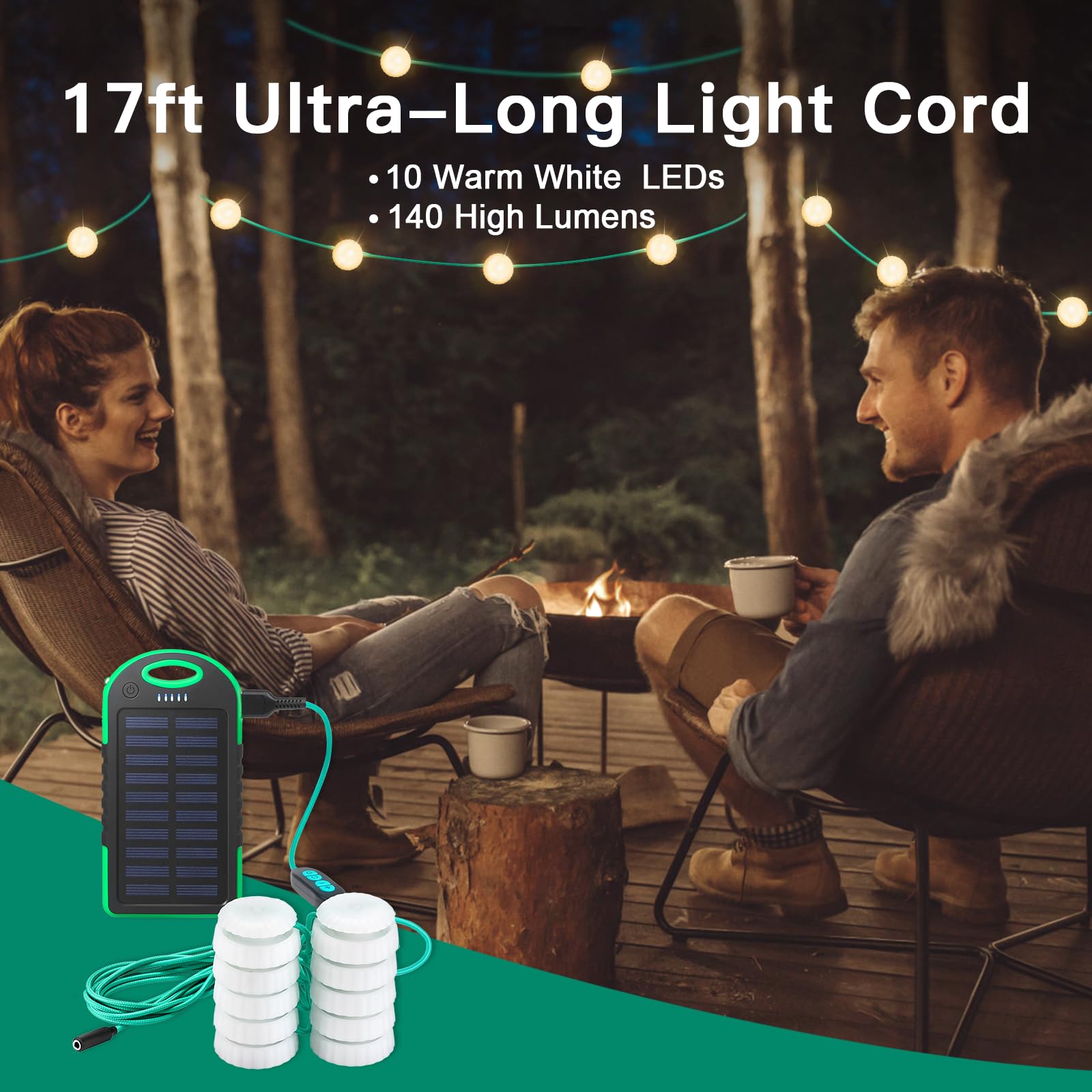Anpro Solar Camping String Lights, 17Ft Ultra Long String With Warm White 10Leds, Solar Powered And Usb Rechargeable Light With 7 Light Modes, Ipx4 Waterproof For Outdoors, Decorations, Camping