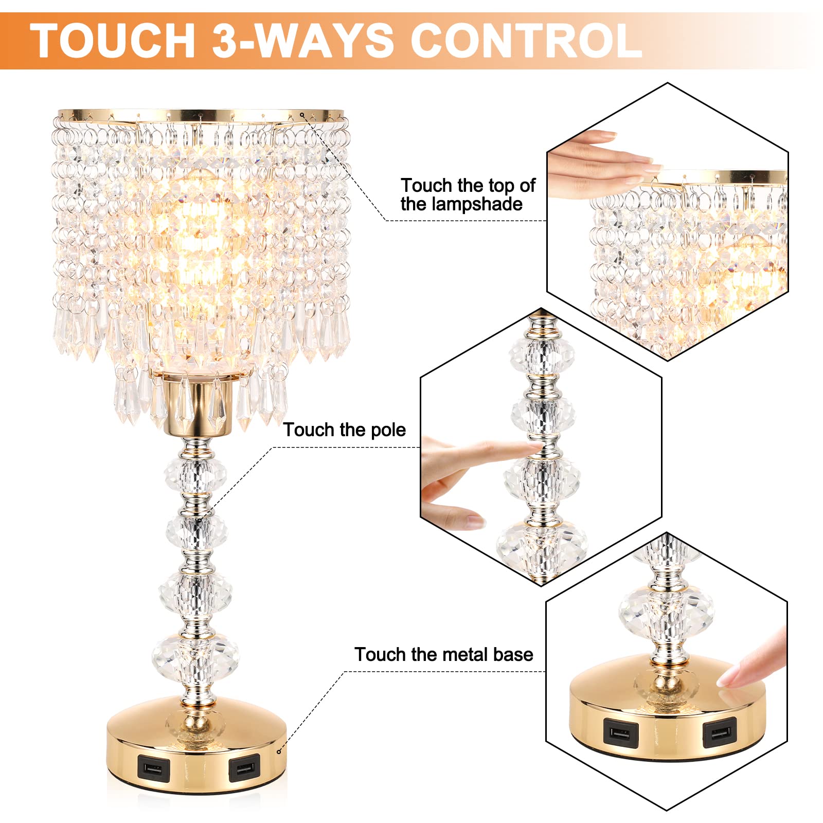 Acaxin Crystal Table Bedside Lamp Touch Control, 3-Way Dimmable Small Nightstand Lamp With 2 Usb Charging Ports, Decorative Gold Tabletop Lamp For Bedroom, Living Room And Guest Room