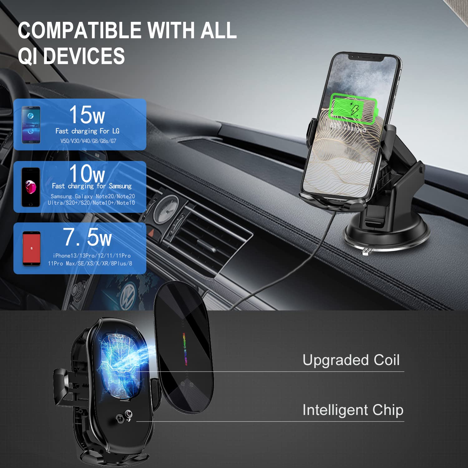 Yitumu Wireless Car Charger Mount, 15W Qi Fast Charging Auto-Clamping Phone Holder, Vent/Mount Compatible With Iphone 13/12/11/X/8, Samsung S20/S10/Note20/Note10