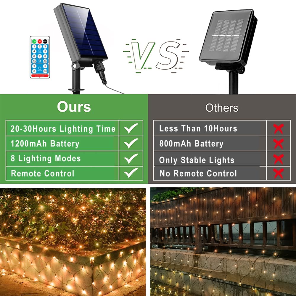 Funnite 11.5Ft X 5Ft Solar Net Lights, Outdoor Mesh Lights 240Led Waterproof 8 Mode With Remote 2 Power Supply String Light Plug In For Bushes Trees Garden Wall Patio Christmas Indoor Decor (Warm White)
