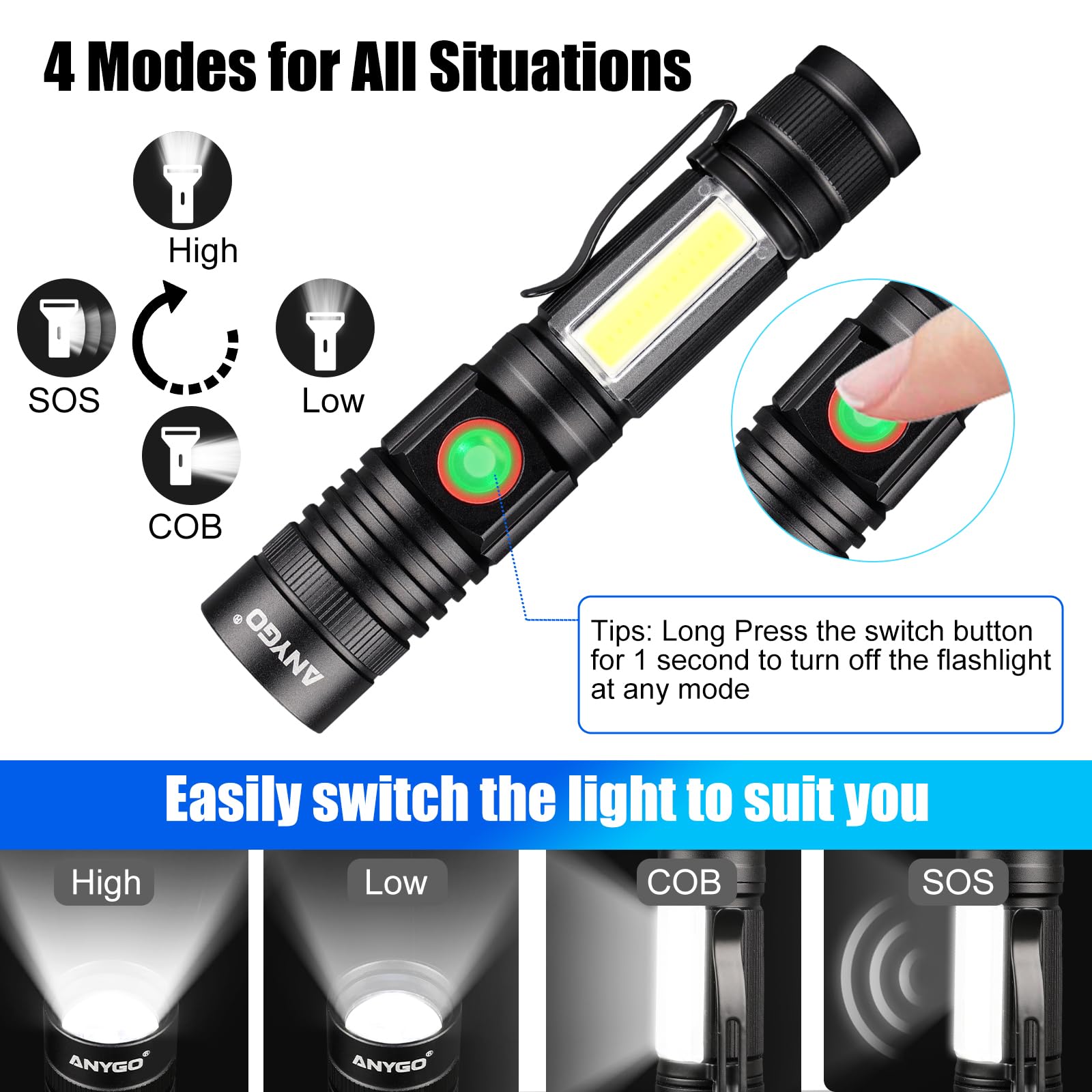 Anygo Rechargeable Usb Magnetic Led Flashlight High Lumens With Cob Sidelight, 1500Lm, Ip65 Waterproof, 4 Modes, Zoomable Linterna For Car, Camping, Repair And Emergence（2-Pack）