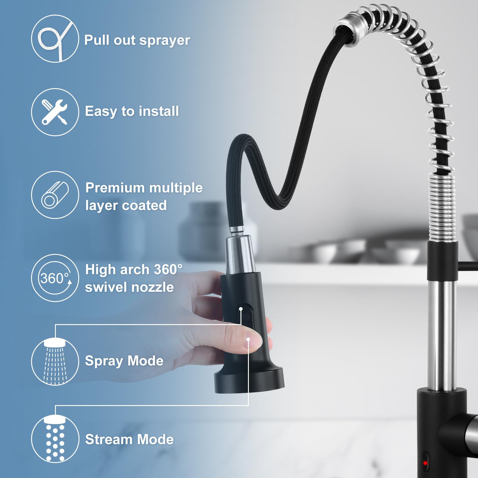 Djs Kitchen Faucets With Pull Down Sprayer Matte Black & Brushed Nickel -【Touchless】 Single Handle 1 Or 3 Holes Spring Kitchen Sink Faucet With Deck Plate For Farmhouse Rv Vessel Basin