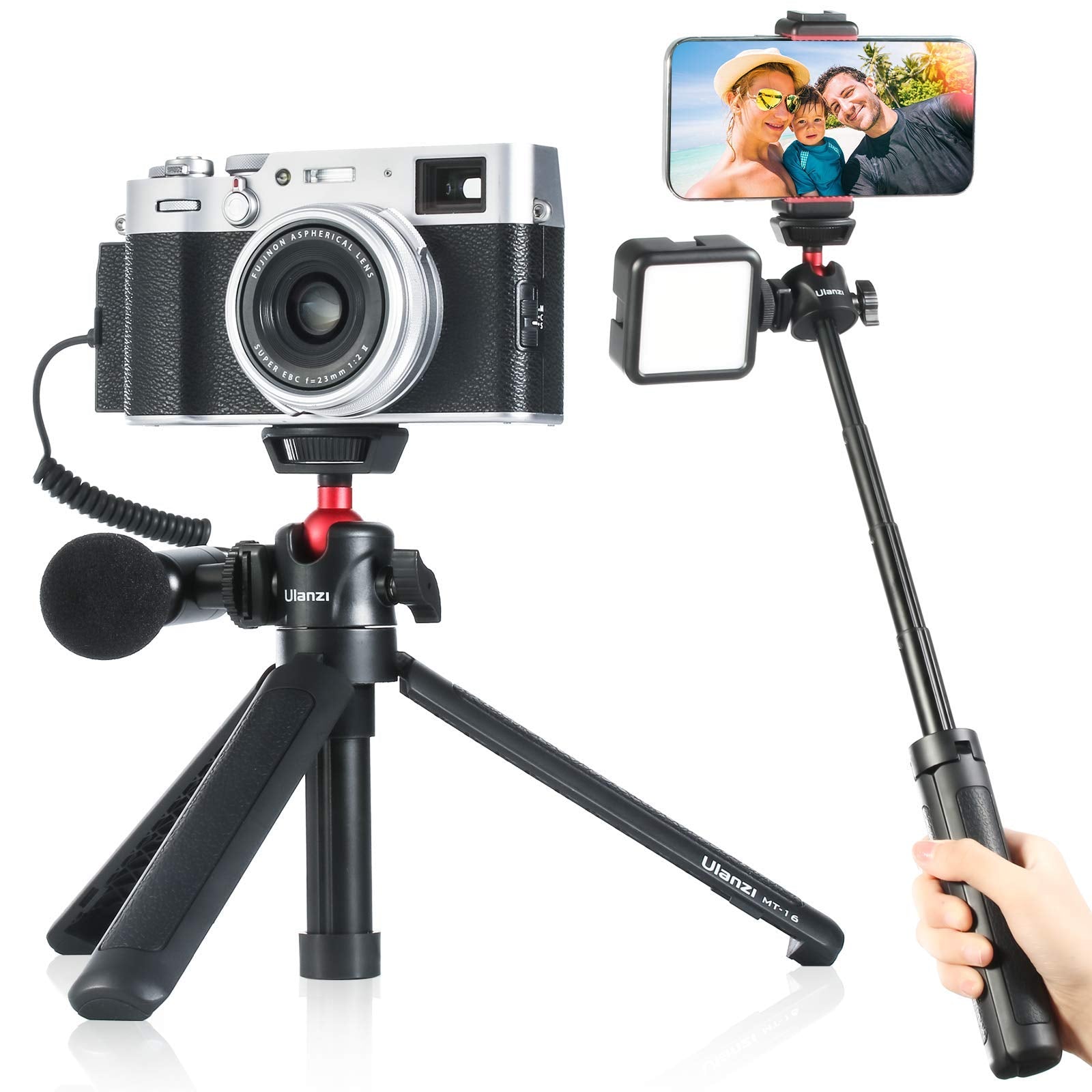 Ulanzi Mt-16 Camera Tripod Stand Holder, Mini Tabletop Tripod Selfie Stick With Cold Shoe, Travel Tripod For Iphone 12 Canon G7X Mark Iii Sony Zv-1 Rx100 Vii A6600 Vlogging Filmmaking Live Streaming