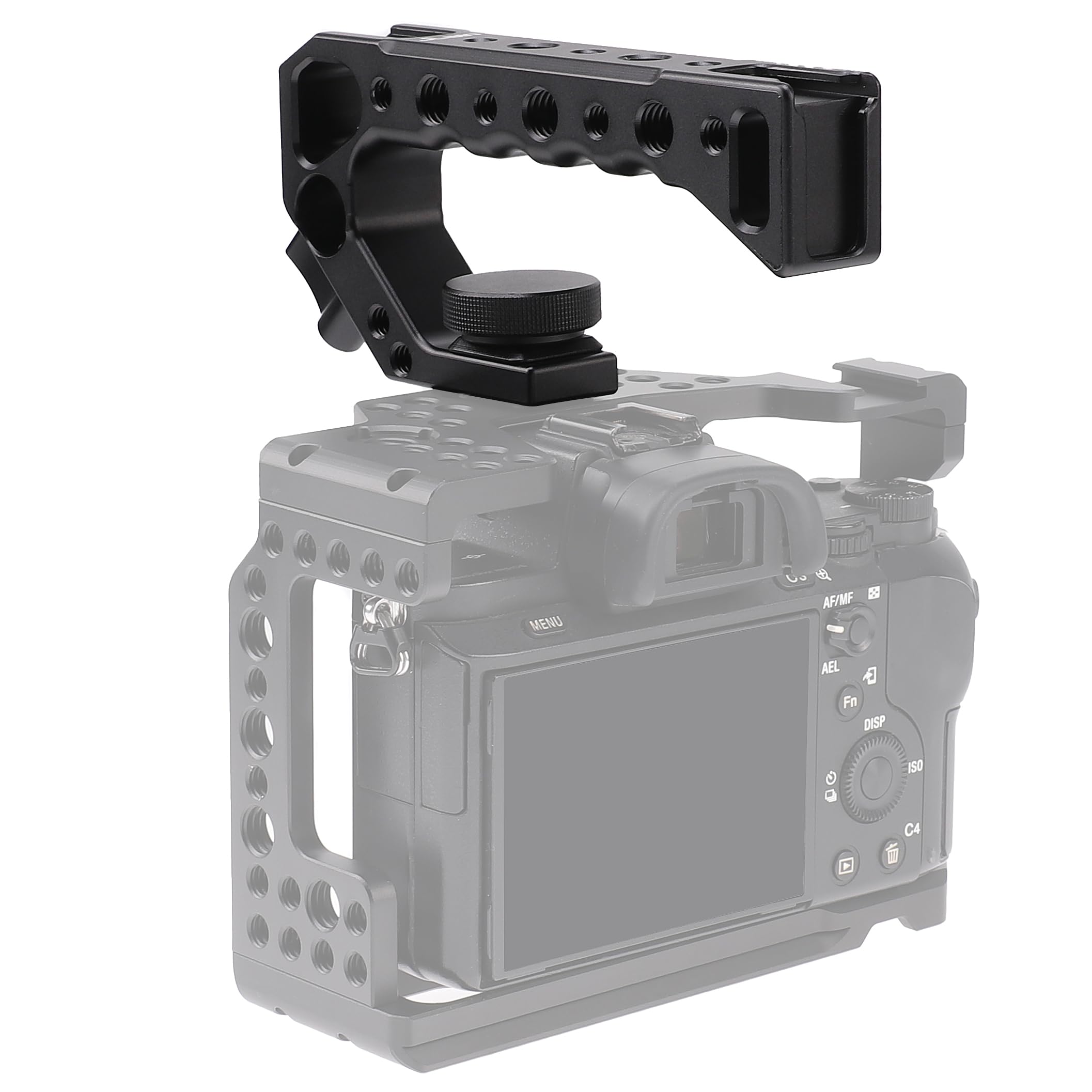 Focusfoto Top Handle Grip With 3/8" Locating Hole For Arri Standard Camera Cage, Extension Handgrip Mount With 1/4"-20 & 3/8"-16 Thread & Cold Shoe For Attaching Magic Arm, Led Video Light, Microphone