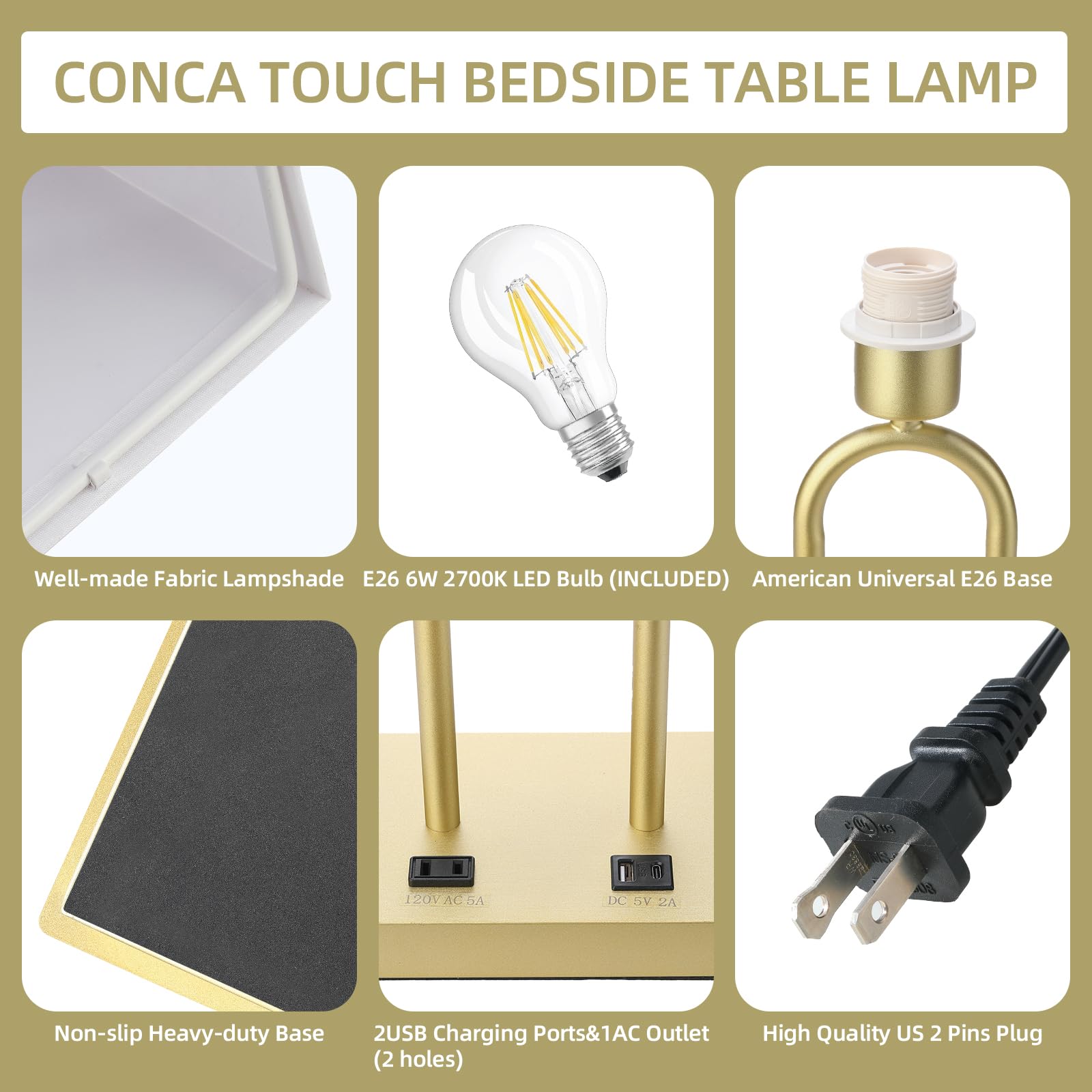 Conca Bedside Touch Control Table Lamp With Type C/Usb Charging Port And 1 Ac Outlet, White Square Fabric Shade For Hotel, Bedroom Living Room, Officepackage Includes Bulb (Gold)