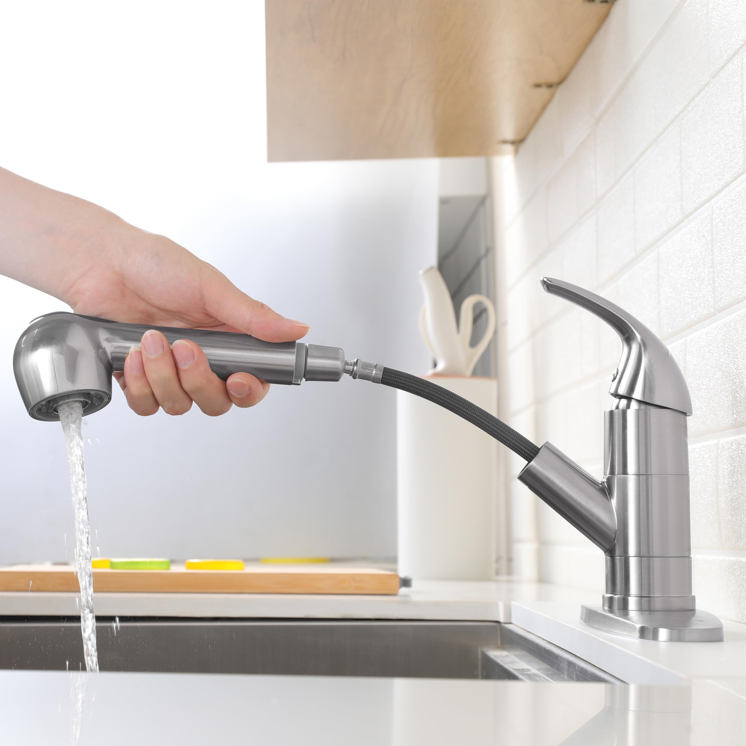 Comllen Commercial Pull Out Kitchen Faucet Brushed Nickel, Stainless Steel Single Handle Small Kitchen Sink Faucet, Single Hole Low Kitchen Faucets With Sprayer, Deck Plate