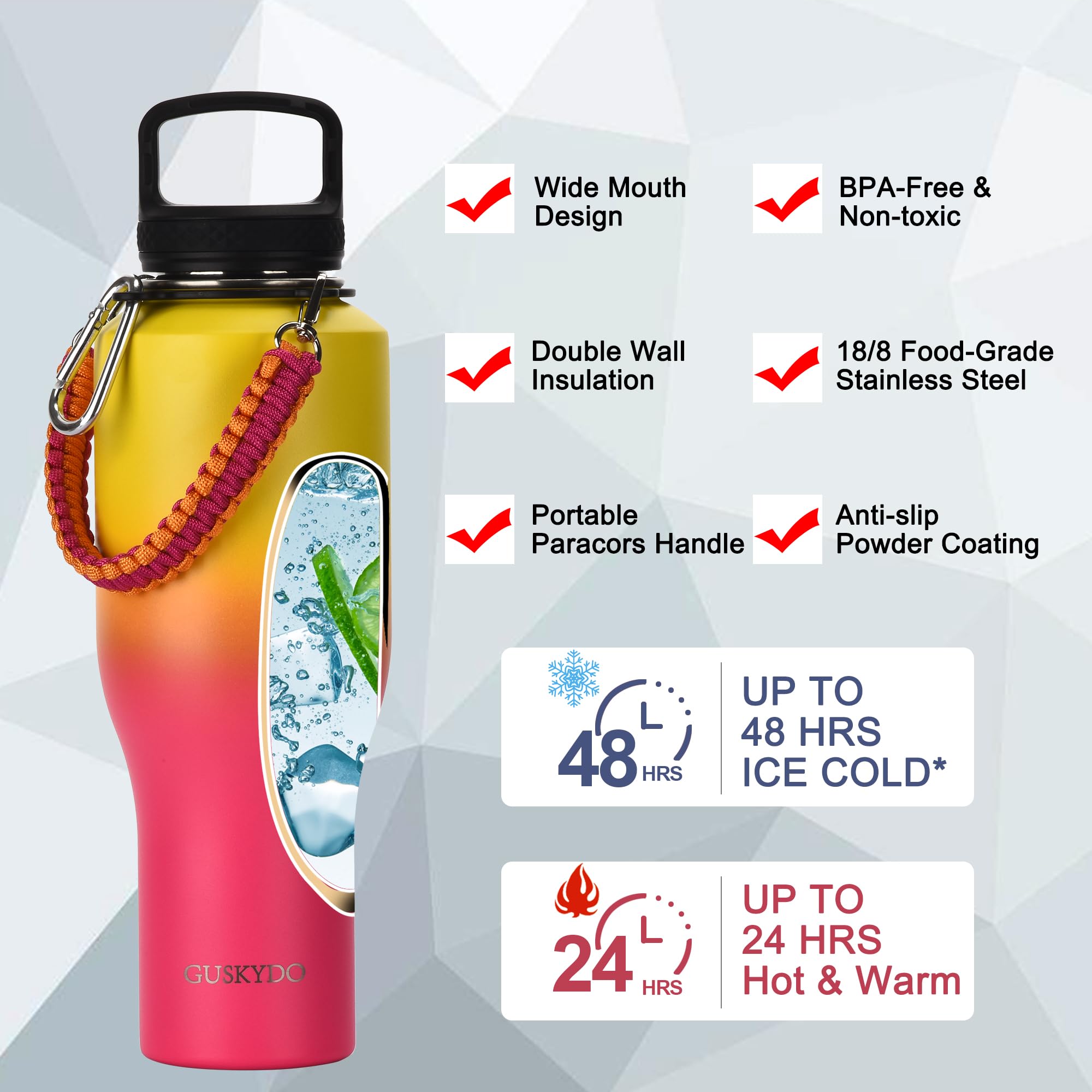 40Oz Insulated Water Bottle With Paracord Handles &Strap, Double Wall Metal Stainless Steel Tumbler
