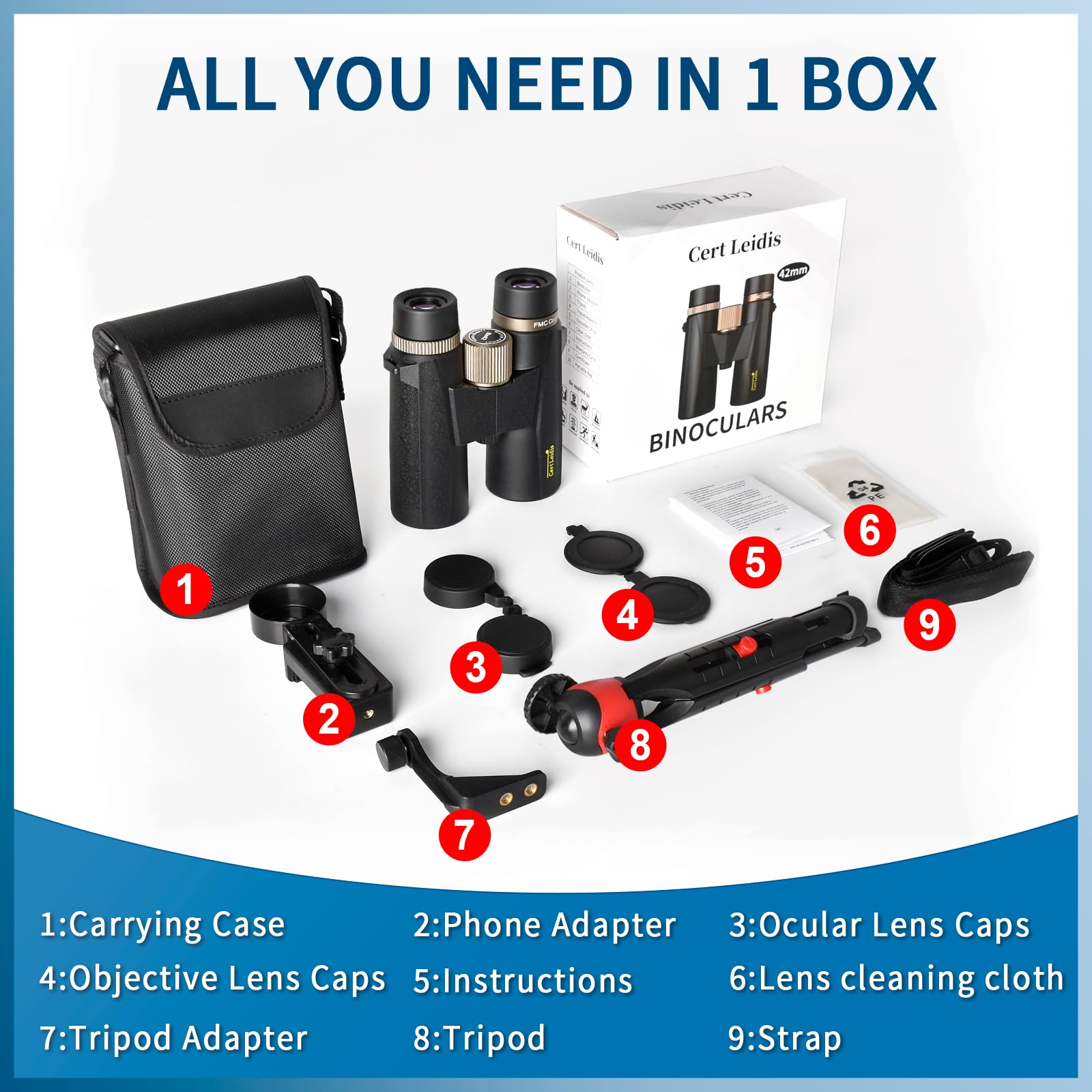Cert Leidis 10X42 Hd Binoculars For Adults High Powered With Phone Adapter And Tripod, Super Bright Bak4 Prism Waterproof Compact Binoculars For Bird Watching Hunting Stargazing Hiking Cruise Travel