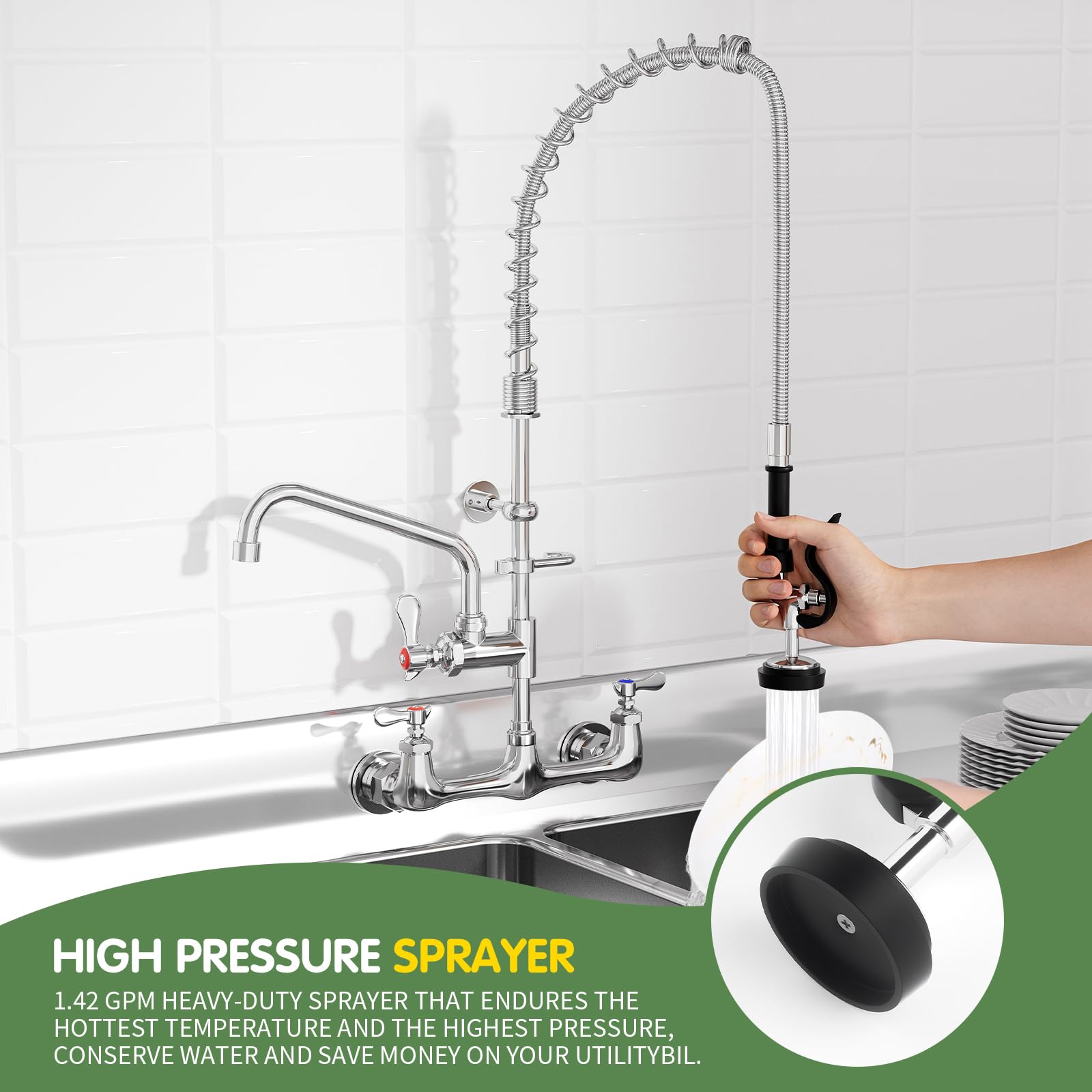 Tolsuny Commercial Sink Faucet,Commercial Kitchen Faucet Wall Mount With Pre Rinse Sprayer,Wall Mounted Kitchen Sink Faucet For Industrial And Restaurant Sinks. (Classic, 36)