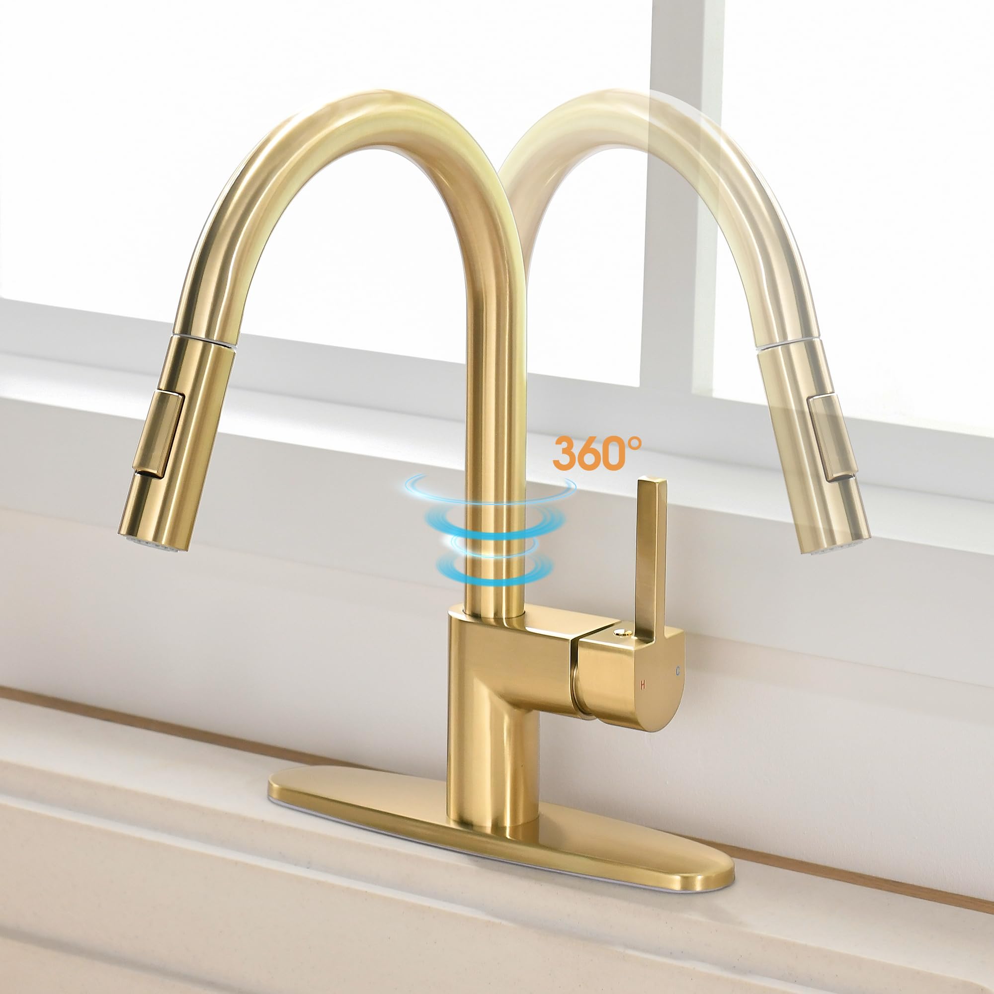 Fropo Gold Kitchen Faucet With Pull Down Sprayer - Modern Single Handle Pull Down Kitchen Sink Faucet With Deck Plate  Stainless Steel Brass Kitchen Faucet For 1 & 3 Hole Brushed Gold