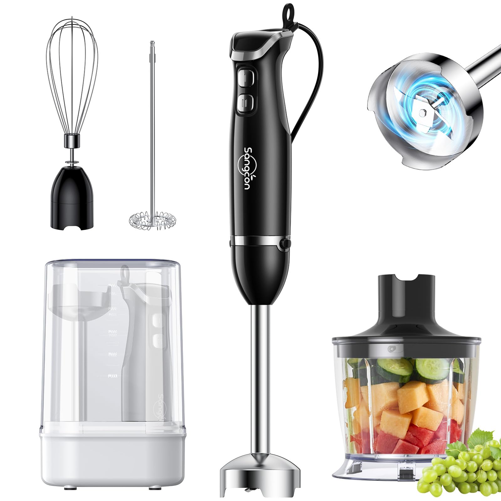 Sangcon Bundled 6-In-1 Immersion Blender Handheld, Hand Blender With Chopper & 34Oz Blending Cup Storage Base, 2-Speed Adjustable Stick Blender