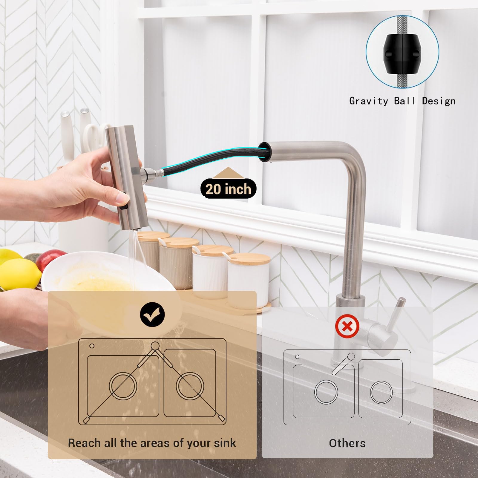 Ricinun Waterfall Kitchen Sink Faucet With Pull Down Sprayer Pull Out Stainless Steel Brushed Nickel Kitchen Faucet Single Handle 3 Function 360 Waterfall Swivel Sprayer
