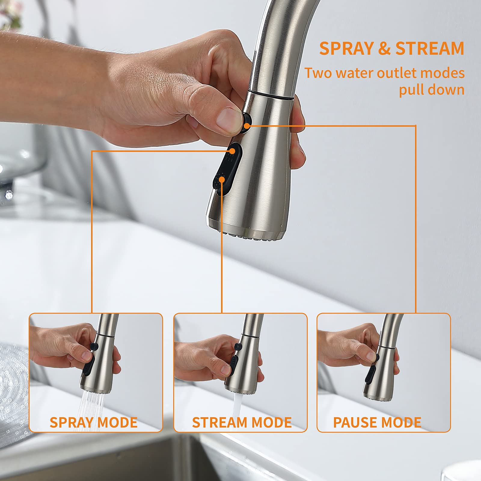 Keer Brush Nickel Pull Down Kitchen Faucet With Soap Dispenser, Single Handle High Arc Stainless Steel Faucet