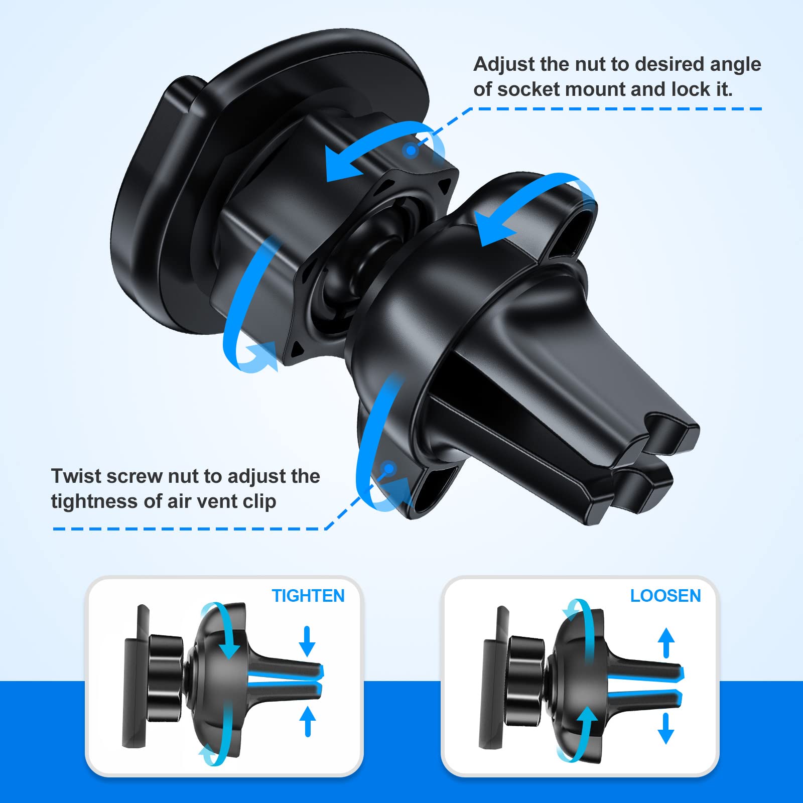 Volport Air Vent Phone Mount For Socket User, Universal Silicone Vent Holder With Adjustable Clip & 2 Pack Sticky Adhesive Replacement For Collapsible Grip Stand Compatible With Smartphones Black