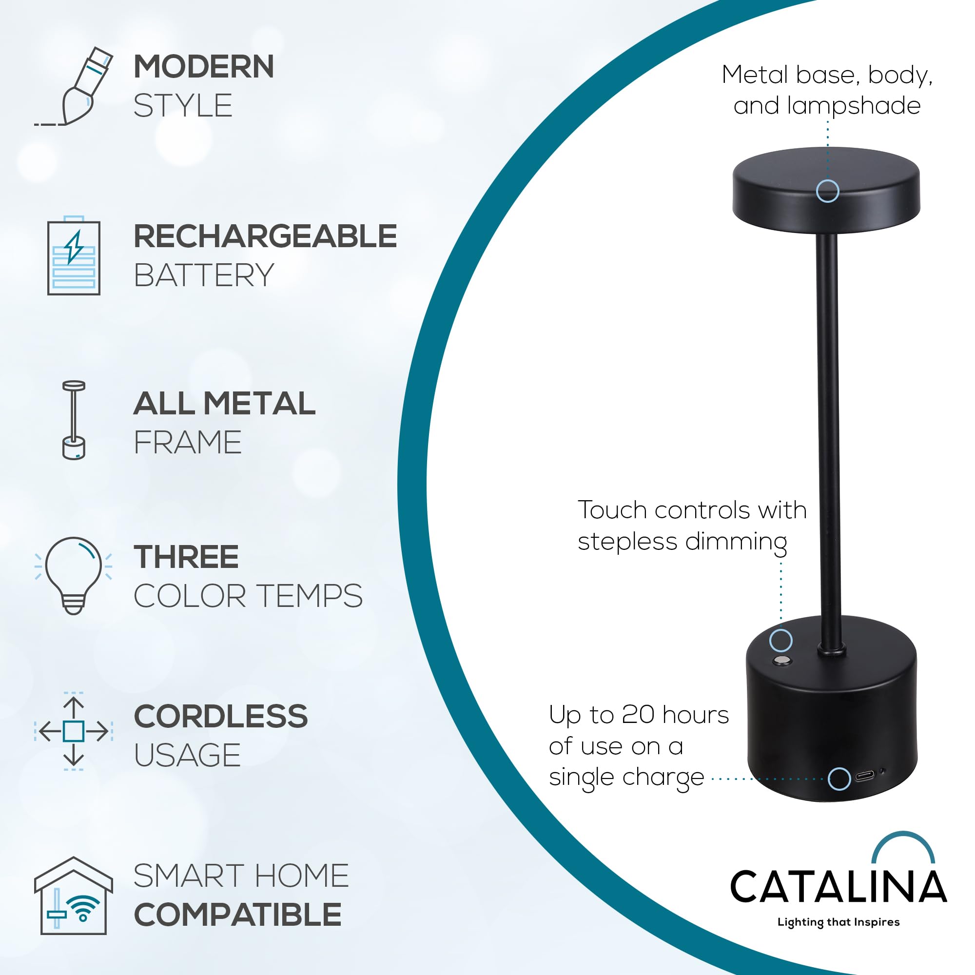 Catalina Lighting Cordless Table Lamp, Portable Led Rechargeable Metal Desk Lamp, 11" H, Black