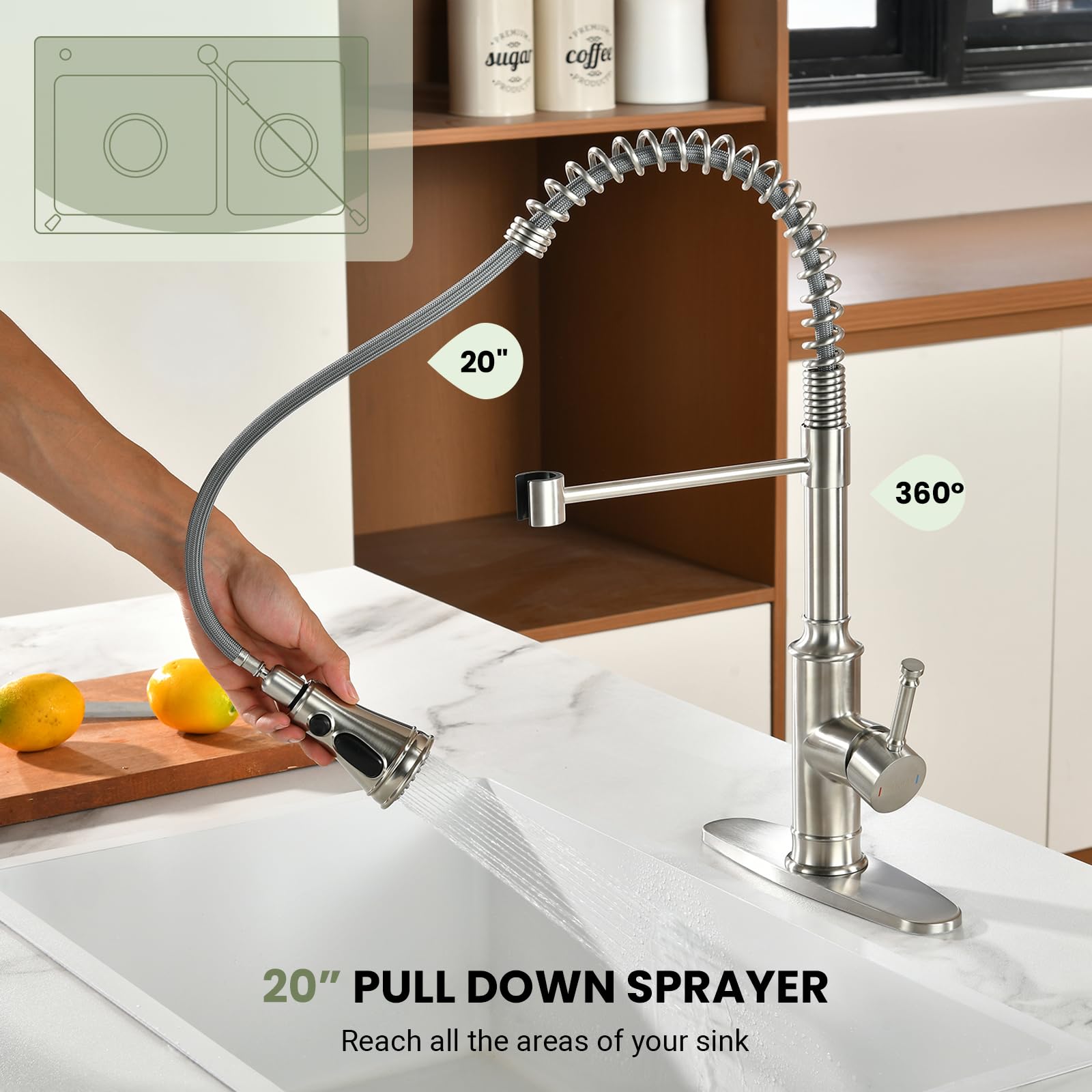 Blylund Commercial Kitchen Faucet With Pull Down Sprayer, One Hole Single Handle High Arc Pull Out Farmhouse Sink Faucets,Brushed Nickel
