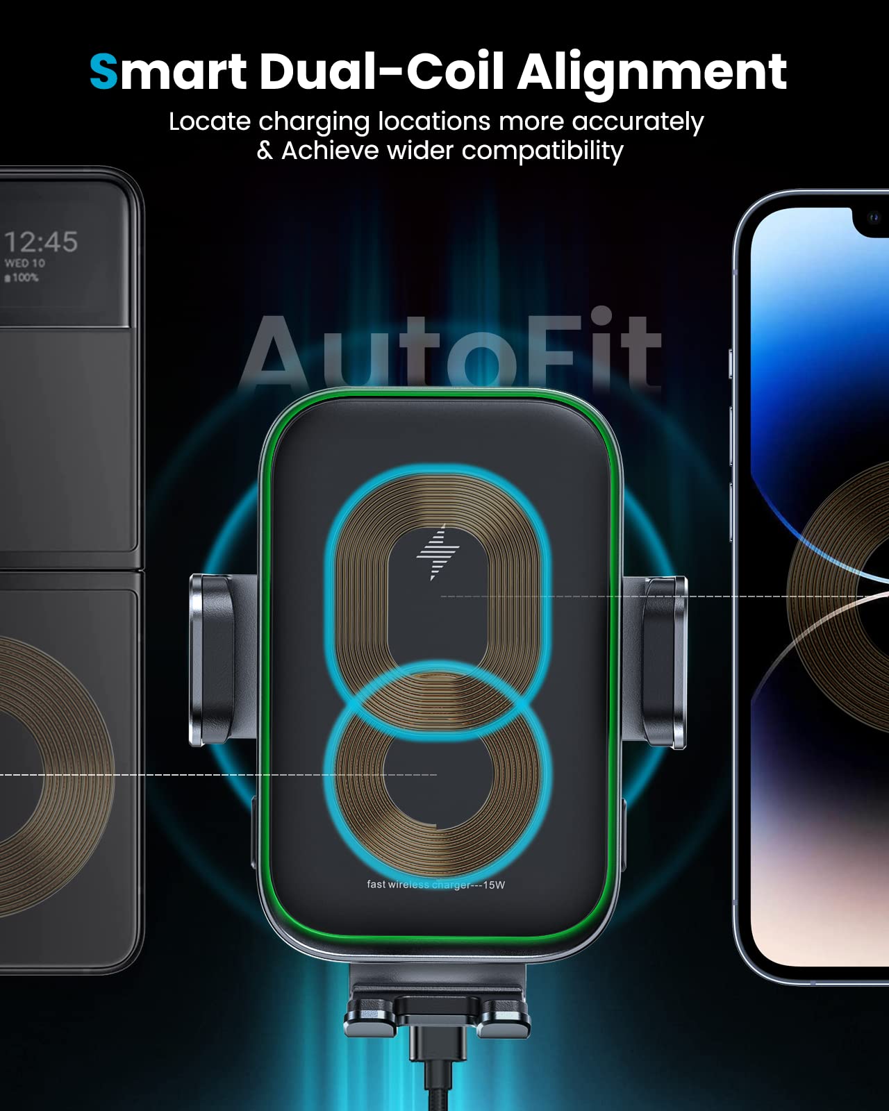 Apps2Car Dual Coil Wireless Car Charger Auto Clamping 15W Cup Holder Phone Wireless Charger Mount Fast Charge Tri-Pivots Height Adjustable Phone Holder Car Truck For Iphone 16 15 14 13 Samsung Lg Etc.