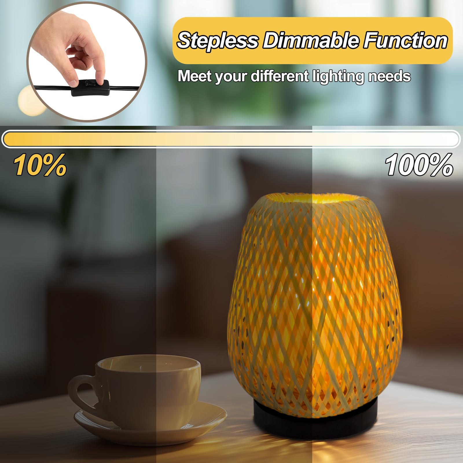 Jriceskiz Dimmable Rattan Table Lamp, Handmade Boho Woven Nightstand Lamp, Adjustable Warm Glow For Bedroom, Living Room, And Home Decor
