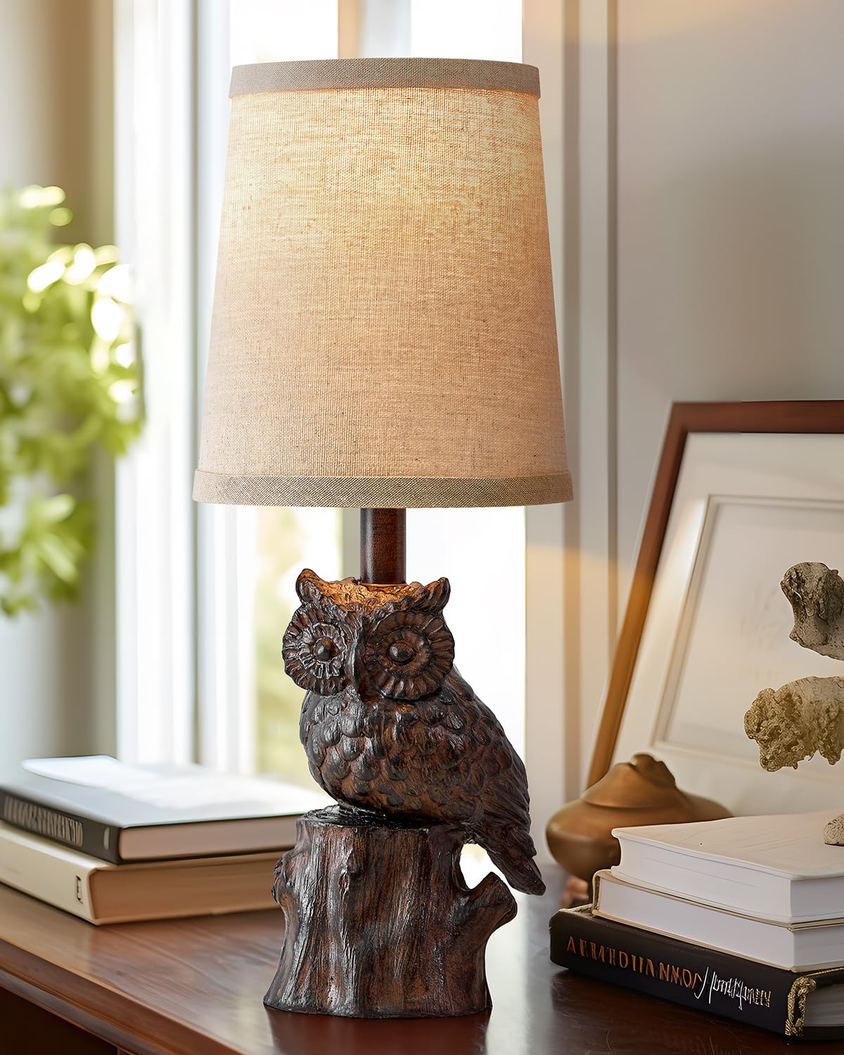 G-Safava 14.25" Small Table Lamp For Living Room Farmhouse Bedside Resin Single Lamp With Brown Owl Lamp Shape For Bedroom Retro Rustic Nightstand Lamp