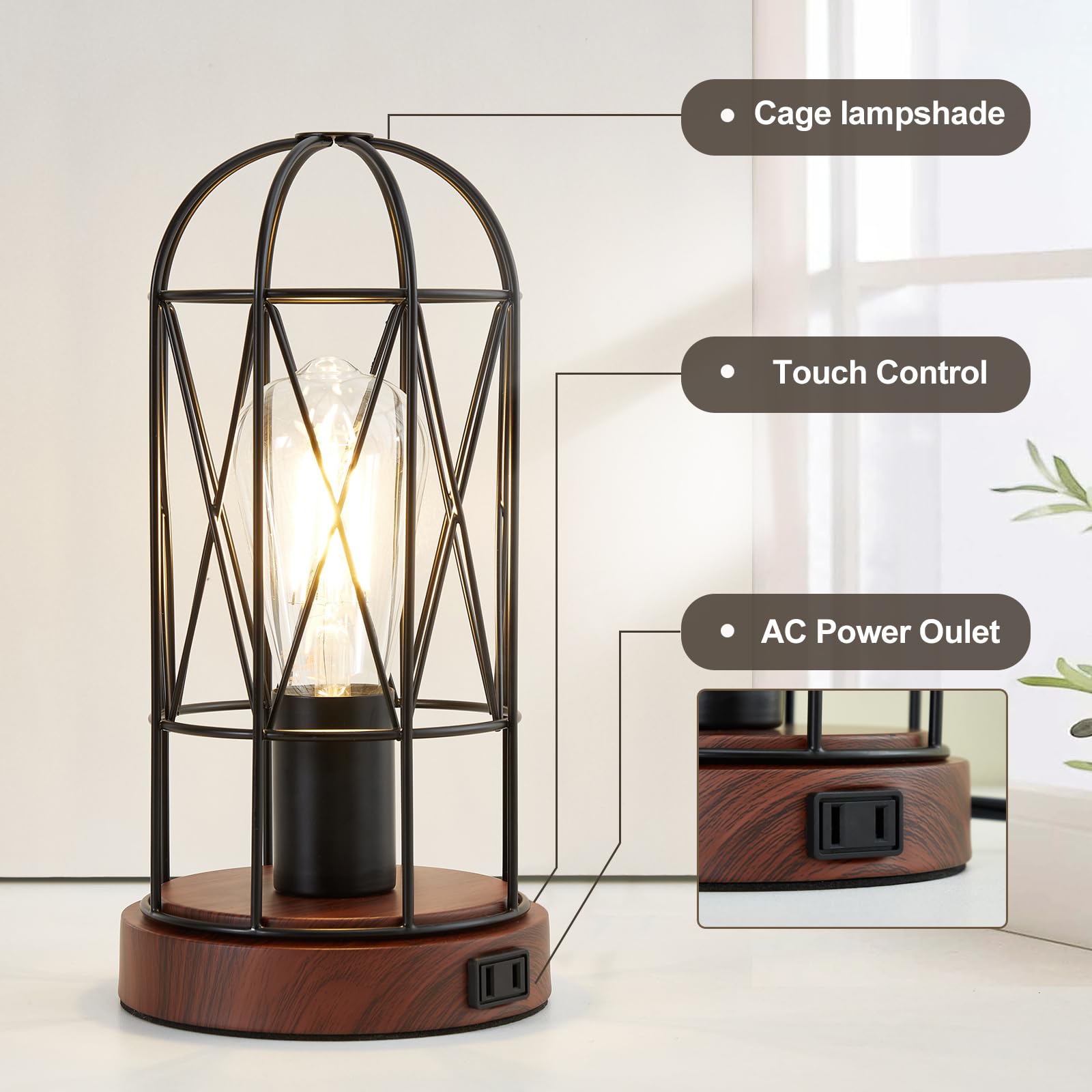 Gyrovu Industrial Table Lamp, Small Touch Control Edison Desk Lamp 3 Way Dimmable Vintage Bedside Lamp With Ac Outlet Metal Cage Steampunk Nightstand Lamp For Living Room, Bedroom Or Den