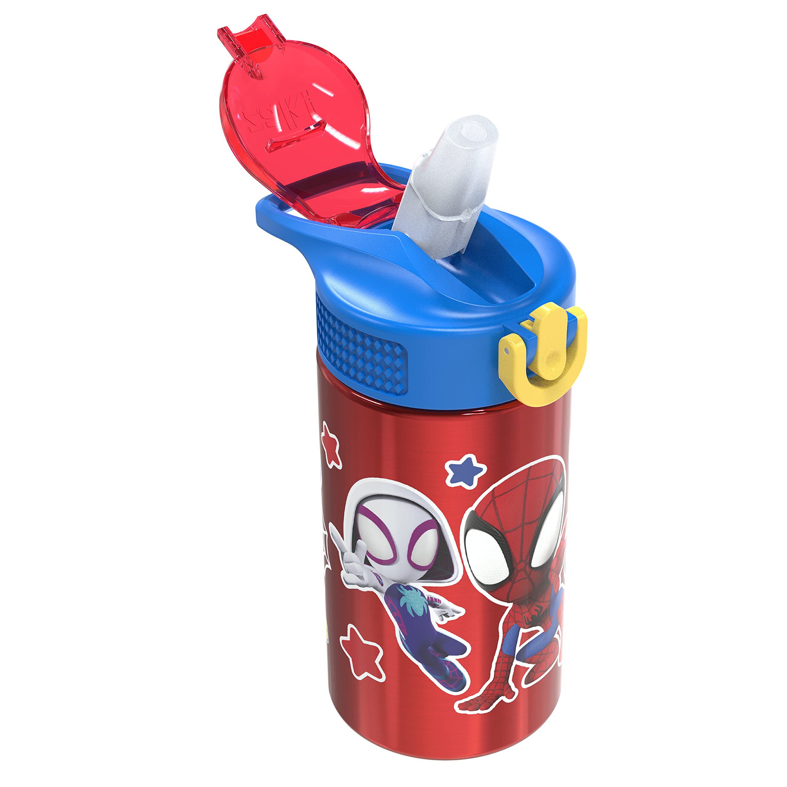 Zak Designs Marvel Spider-Man 18/8 Single Wall Stainless Steel Kids Water Bottle, Flip Straw Lockin