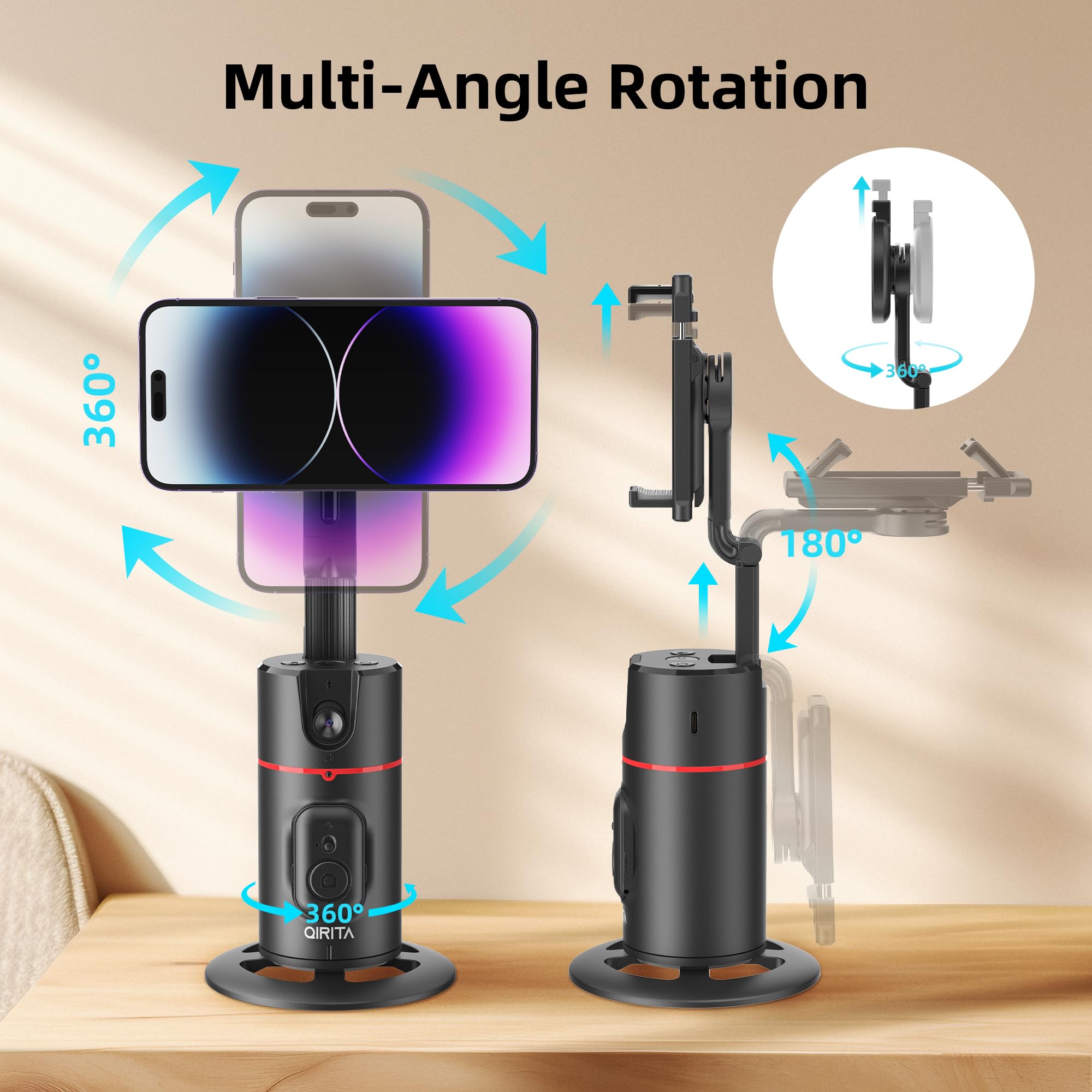 Qirita Auto Face Tracking Phone Holder, Magnetic Face Tracking Tripod 360 Rotation With Stand & Remote, Face Body Phone Tracking Tripod, No App, Smart Shooting Camera Mount For Live Video Recording Tiktok