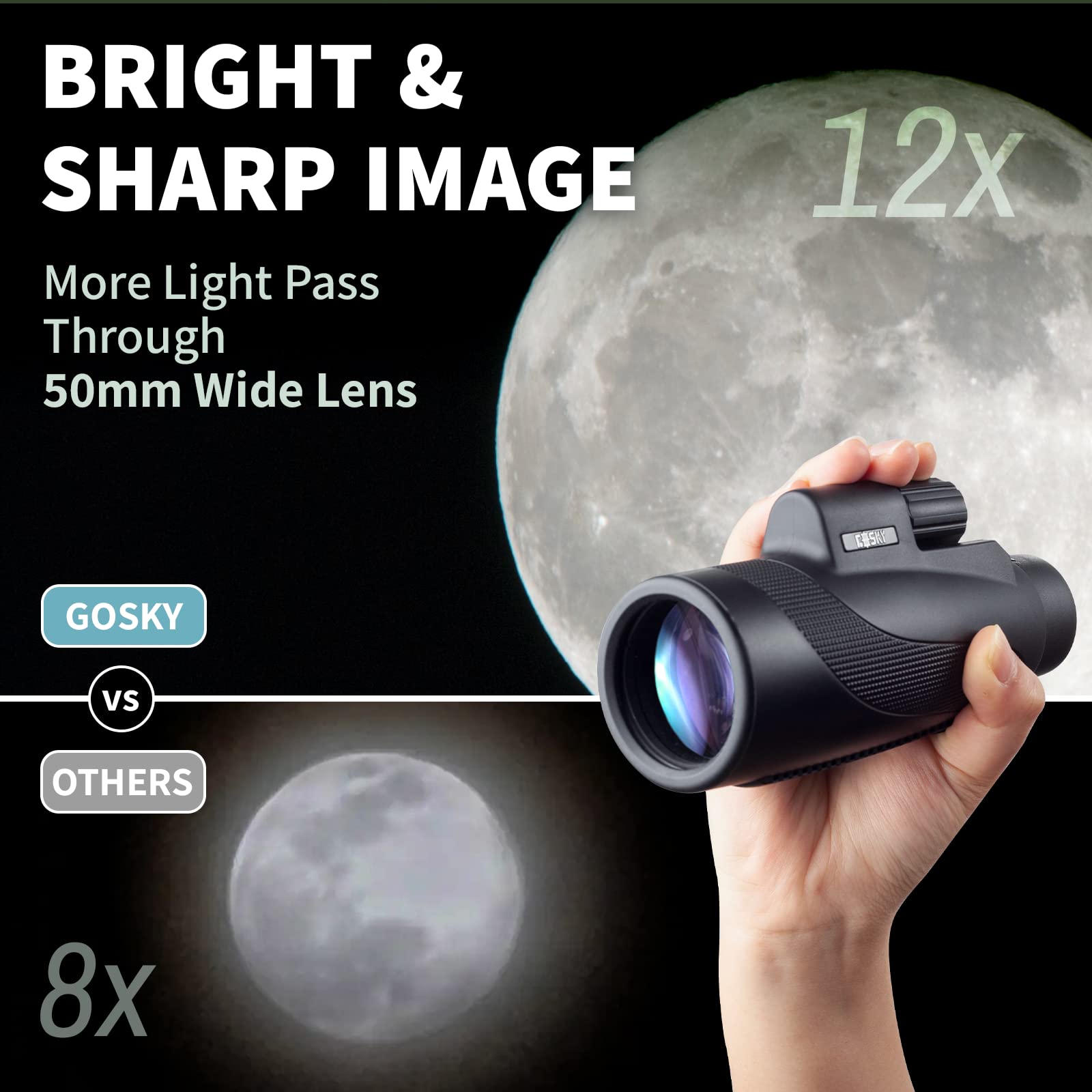 Gosky Titan 12X50 Monocular Telescope With Smartphone Holder - Waterproof Fog-Proof Shockproof Scope Bak-4 Prism Fmc For Bird Watching Hunting Camping Traveling Wildlife Scenery