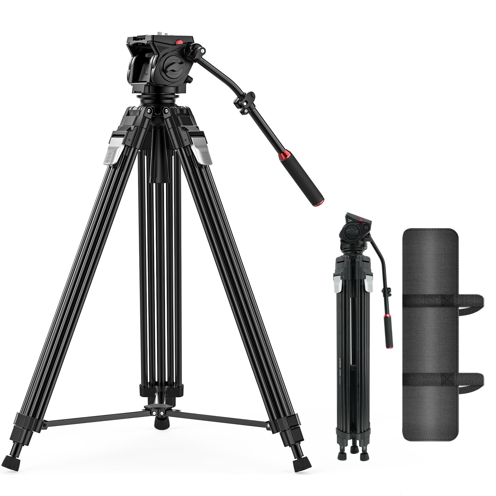 Takerers 74.8In/190Cm Video Tripod With Fluid Head 360°【One-Step Max Height】Aluminum Alloy Heavy Duty Tripod For Camera Dslr, Professional Video Camera With Damping Adjustable,Qr Plate, Max Load 33Lbs