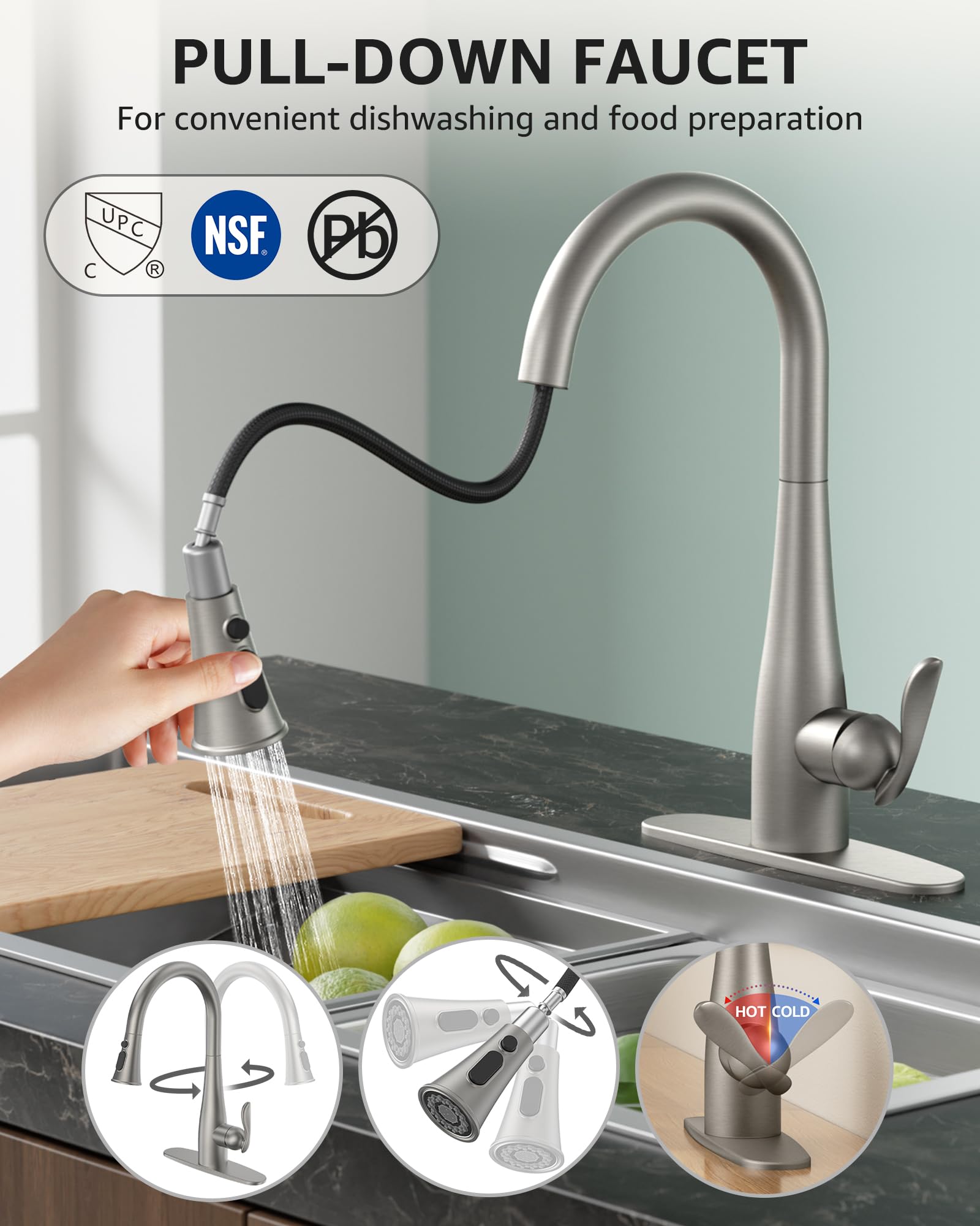 Mbillion Kitchen Faucets With Pull Down Sprayer Single Hole Stainless Steel Sink Faucet Modern Design & Anti-Splash Spray Head Suitable For Farmhouses, Rv, Laundry Room Llave Para Fregadero De Cocina