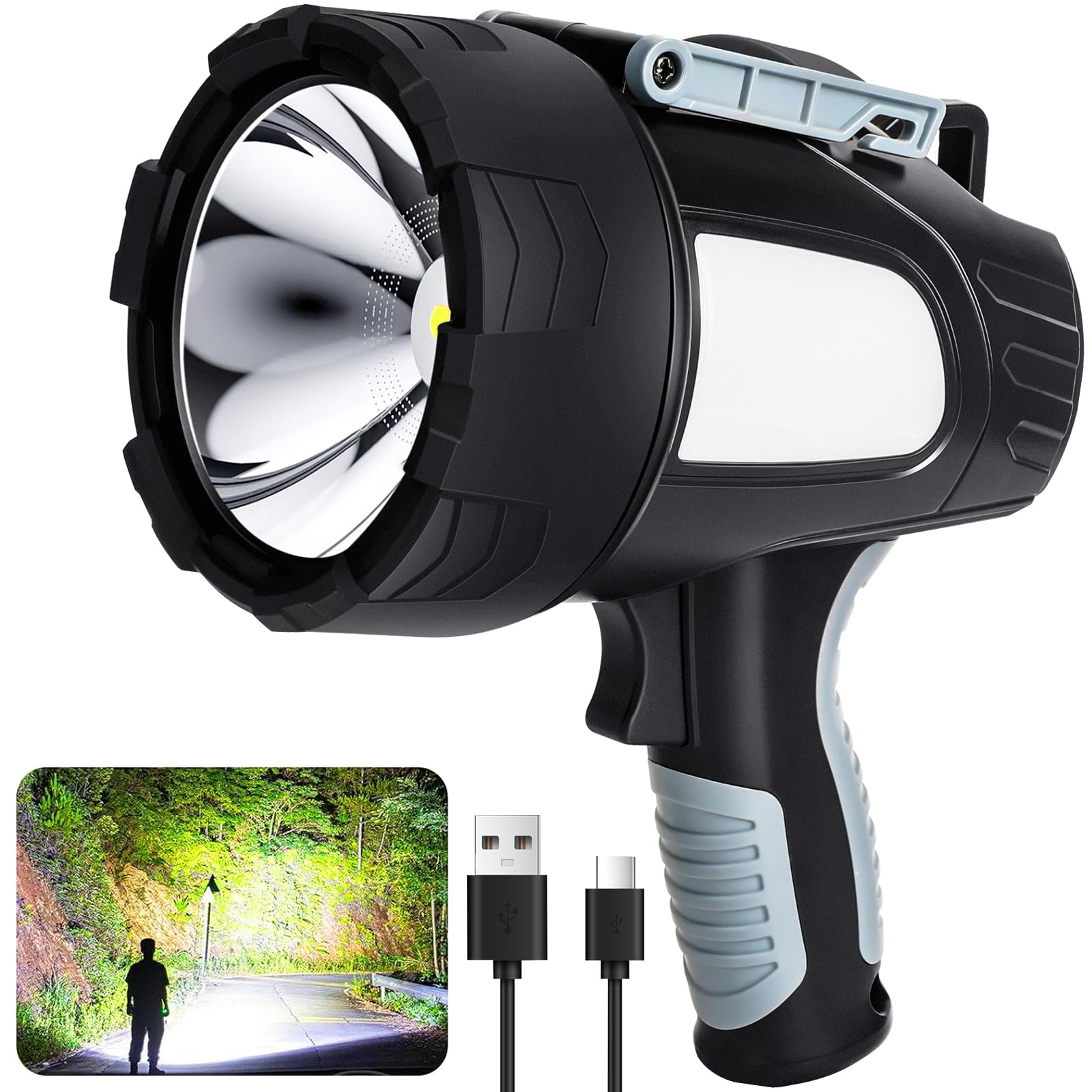 Crazybrace Rechargeable Spotlight Flashlight, 1000,000 Lumen Super Bright Led Spotlight With 6 Modes & Foldable Tripod, Powerful Spot Light 20H Long Runtime, Handheld Spot Light For Outdoor Boating Hunting