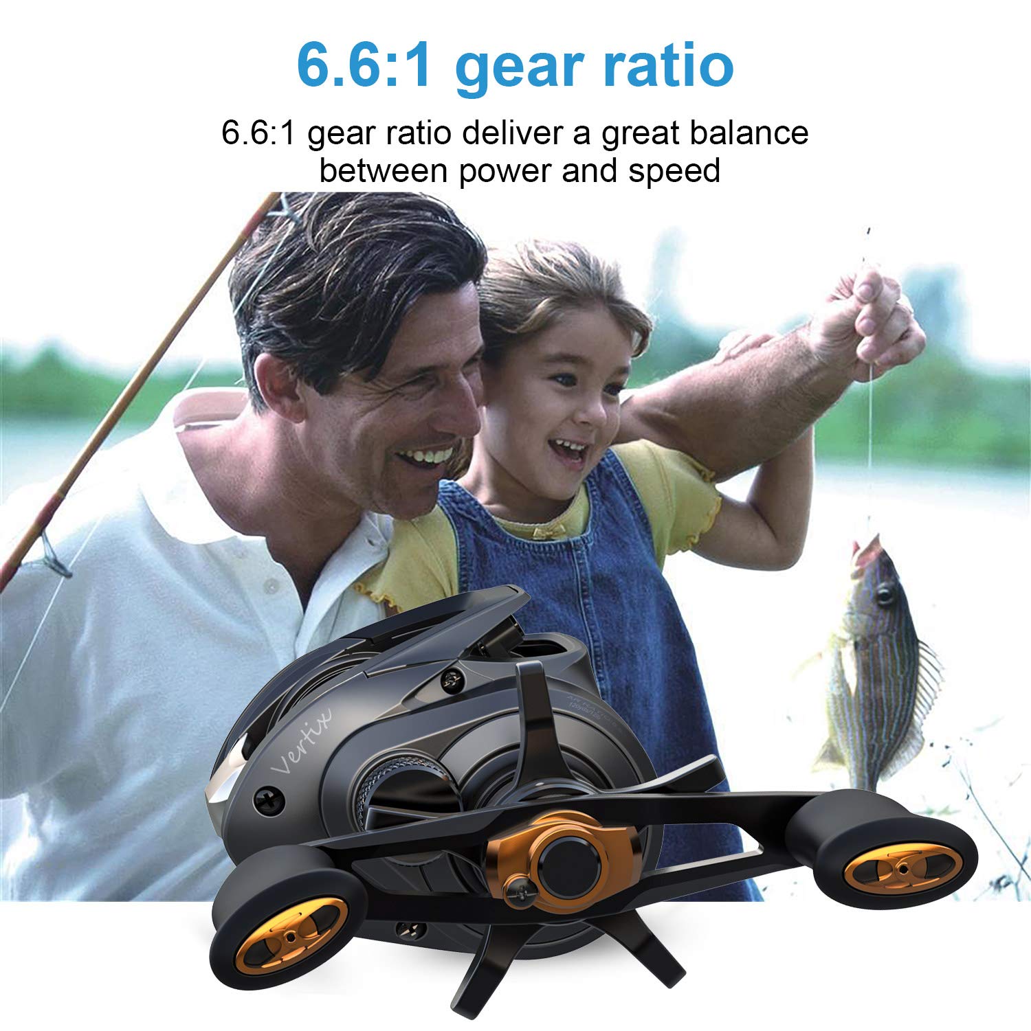 Tempo Baitcasting Reel, Super Smooth 9+1 Bb,20Lbs Carbon Fiber Drag, 6.6:1 Brass Gear Ratio Low Profile Design Fishing Reel, Magnet Braking System Baitcaster Reel,Dark Grey Left