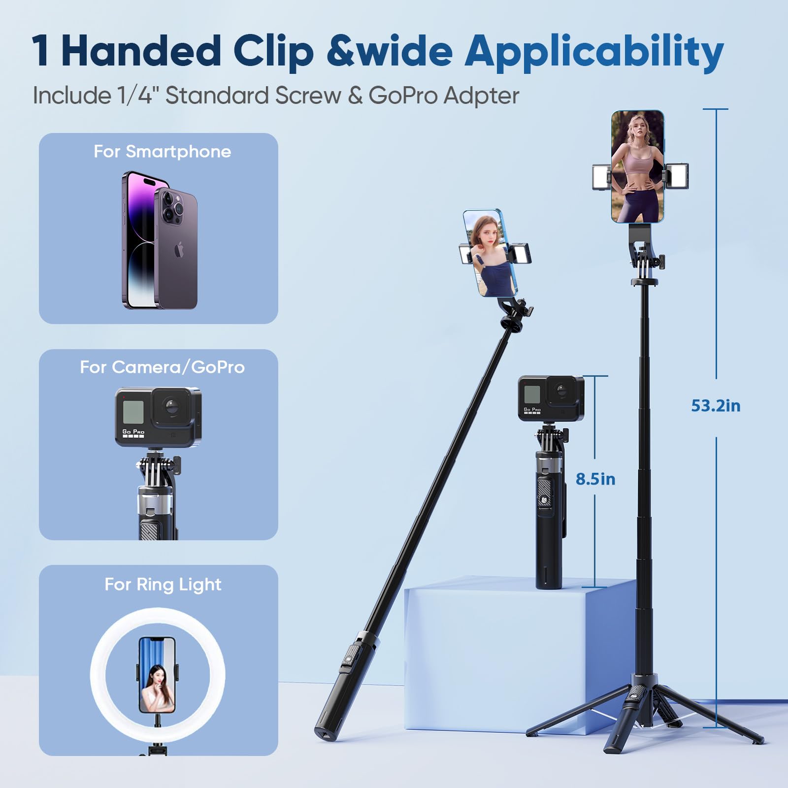 Unillqss Selfie Light For Iphone,53 Inch Tripod For Iphone With Light, 360 Degree Adjustable Selfie Stick Tripod For Cell Phone Gopro With Remote Aluminium Black