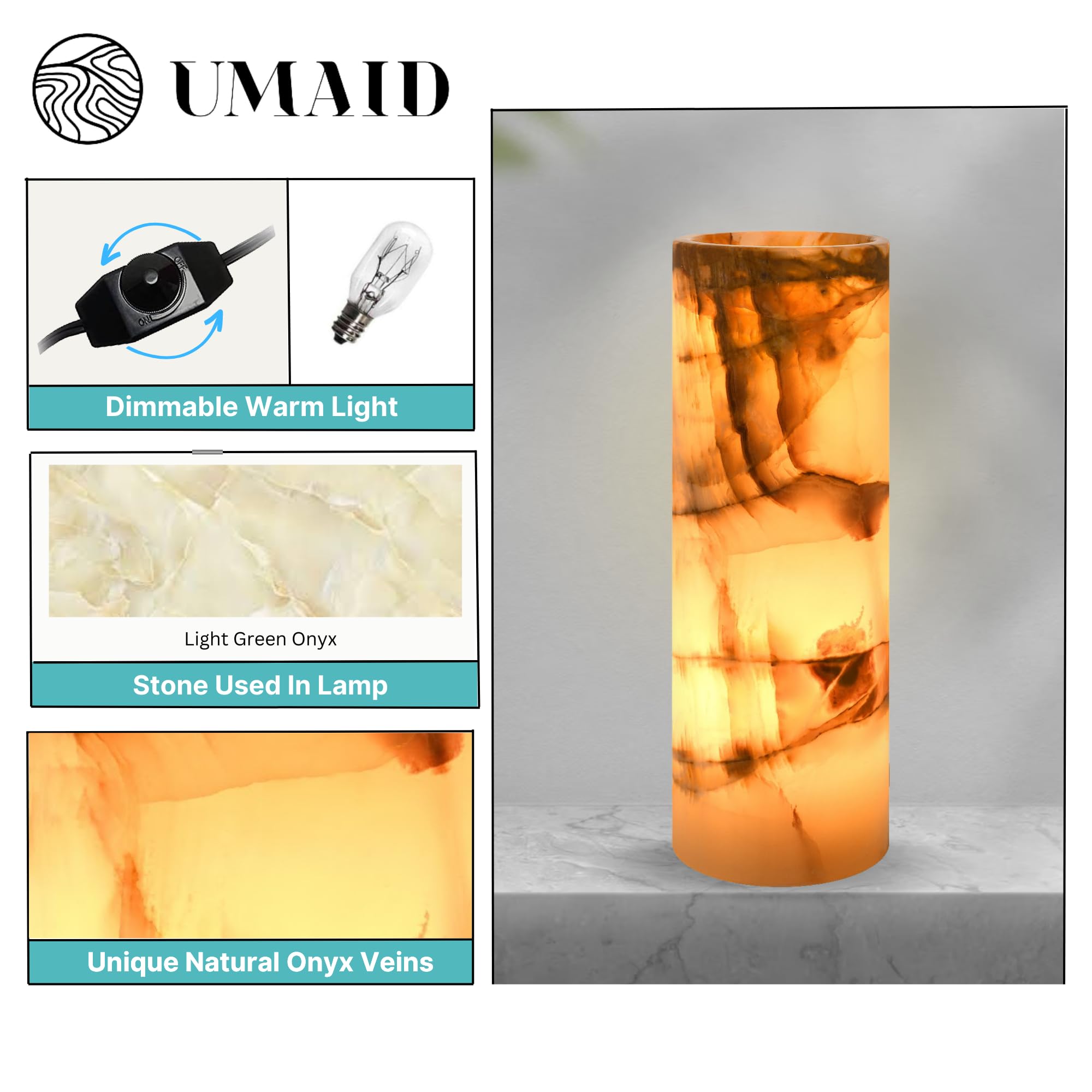 Umaid Handcrafted Onyx Marble Table Lamp – A Luxury Touch For Dad This Father’S Day – Warm Amber Glow, Dimmable Cord & Bulb – Unique Home Decor For Bedroom, Desk, Office, Living Room, Or Bedside