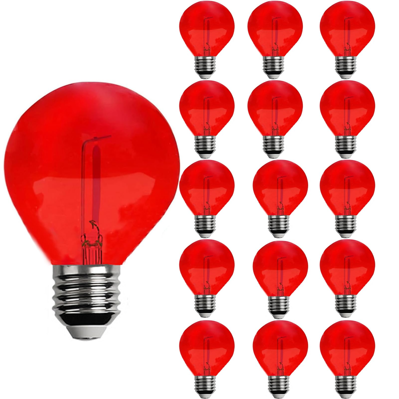Juzizjmefod 15 Pack G40 Plastic Led Replacement Light Bulbs 1W Shatterproof Red Color Filament Globe Bulbs E12 Candelabra Base Christmas Round Replacement Bulbs For Outdoor Indoor Patio String Lights(Red)