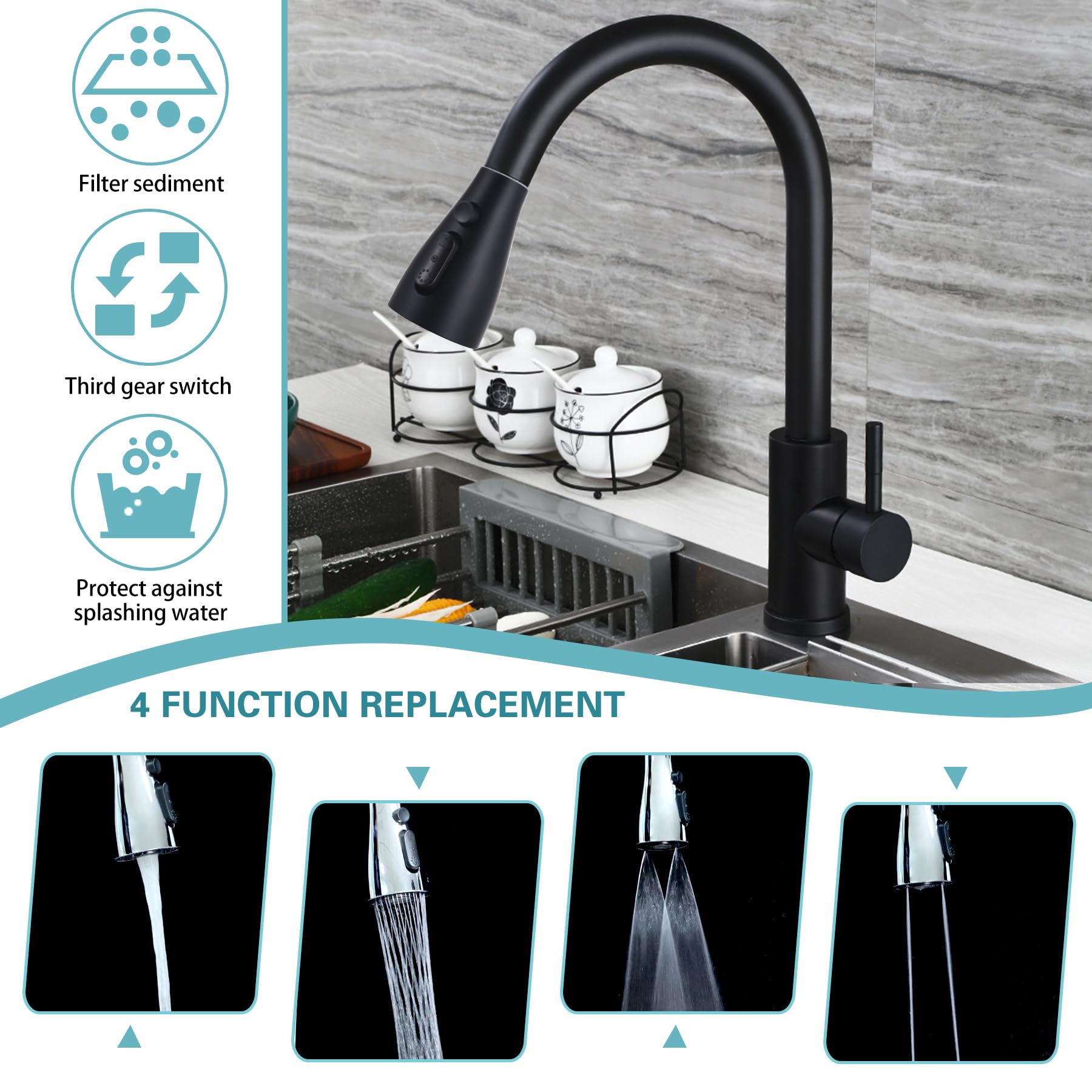 Hsmhose Kitchen Faucet Head Replacement 4 Modes, Pull Down Faucet Sprayer Head Nozzle Kitchen Sink Faucet Head With 11 Adapters（Black）