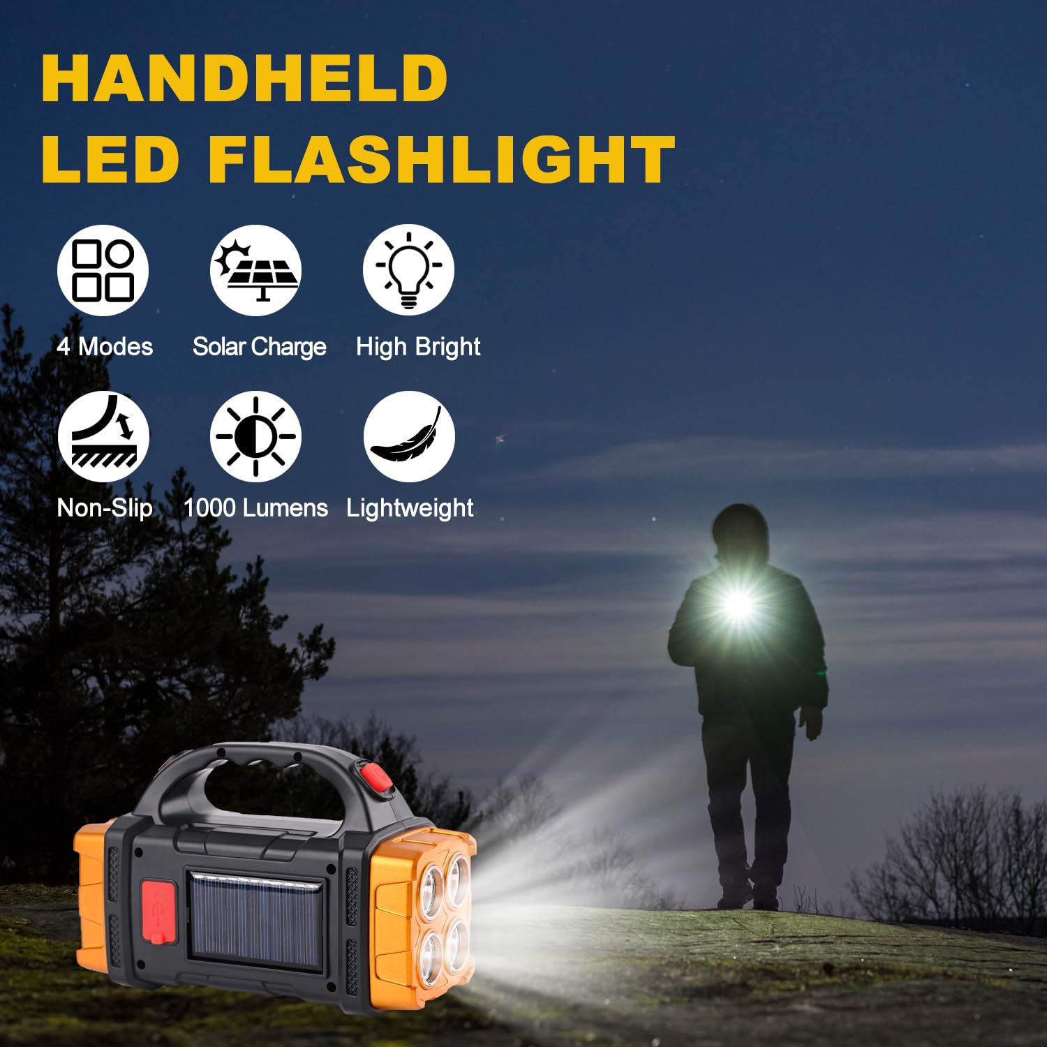 Msetgrd Solar Led Flashlight, High Lumen Handheld Rechargeable Outdoor Spotlight, 4 Light Mode Searchlight For Camping Emergencies Hunting