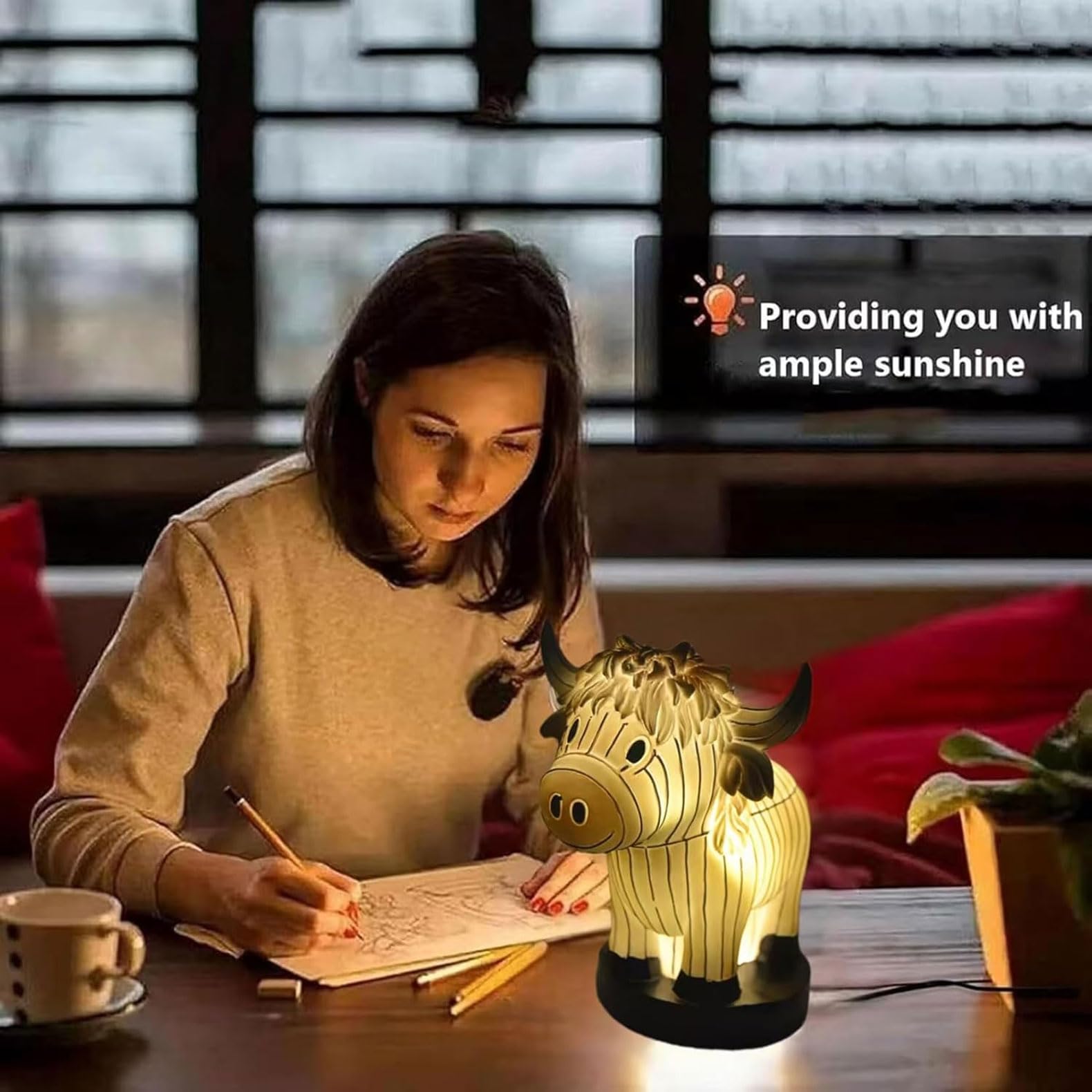 Gutsyluv Highland Cow Resin Table Lamp,Farmhouse Cow Night Light Cute Bedside Lamp,Cute Animal Night Light With Usb Ports For Living Room, Bedroom, And Home Office Decor