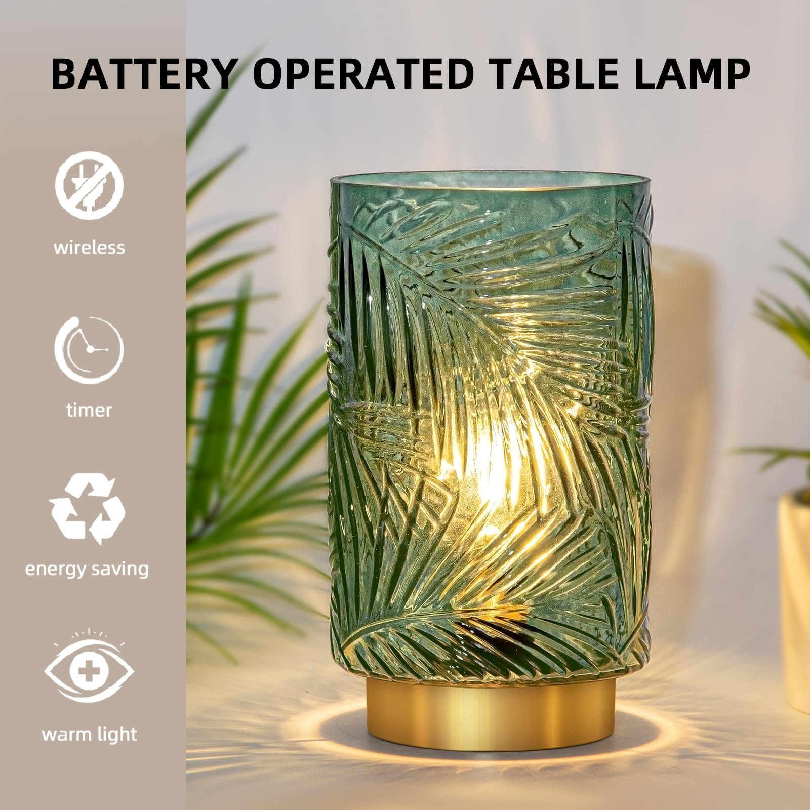 Mj Premier Battery Operated Table Cordless Lamps For Home Decor, Nightlight With Led Bulb With Timer, Decorative Lights For Living Room Bedroom Tabletop Entryway Centerpiece (L Green)